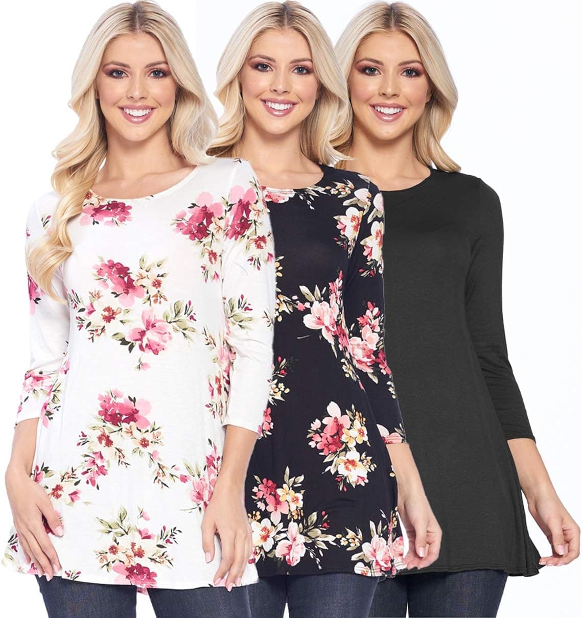 Isaac Liev Women's Tunic Top – 3 Pack Casual 3/4 Quarter Sleeve A-Line Loose Fit Flowy Swing Blouse T Shirts Made in USA