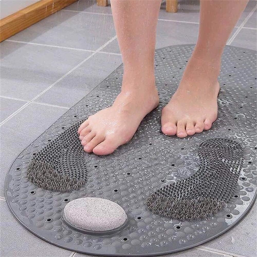 SUNGAHO Bath Mat Shower Mat 31.4x15.7inch PVC Bathtub Mats with Replaceable Massage Pumice Stone Foot Massage Non Slip Shower Pad with Suction Cup and Drain Holes, Gray[Pumice Stone Upgraded Version]