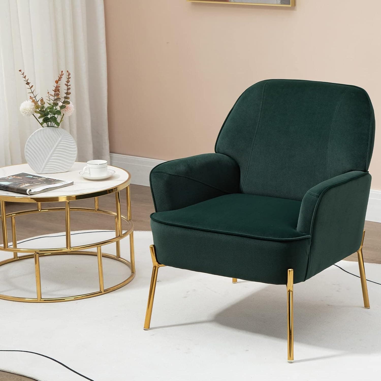 MOJAY Barrel Accent Chair, Velvet Upholstered Club Chair with Golden Legs, Sofa Chair for Living Room (12-DarkGreen)