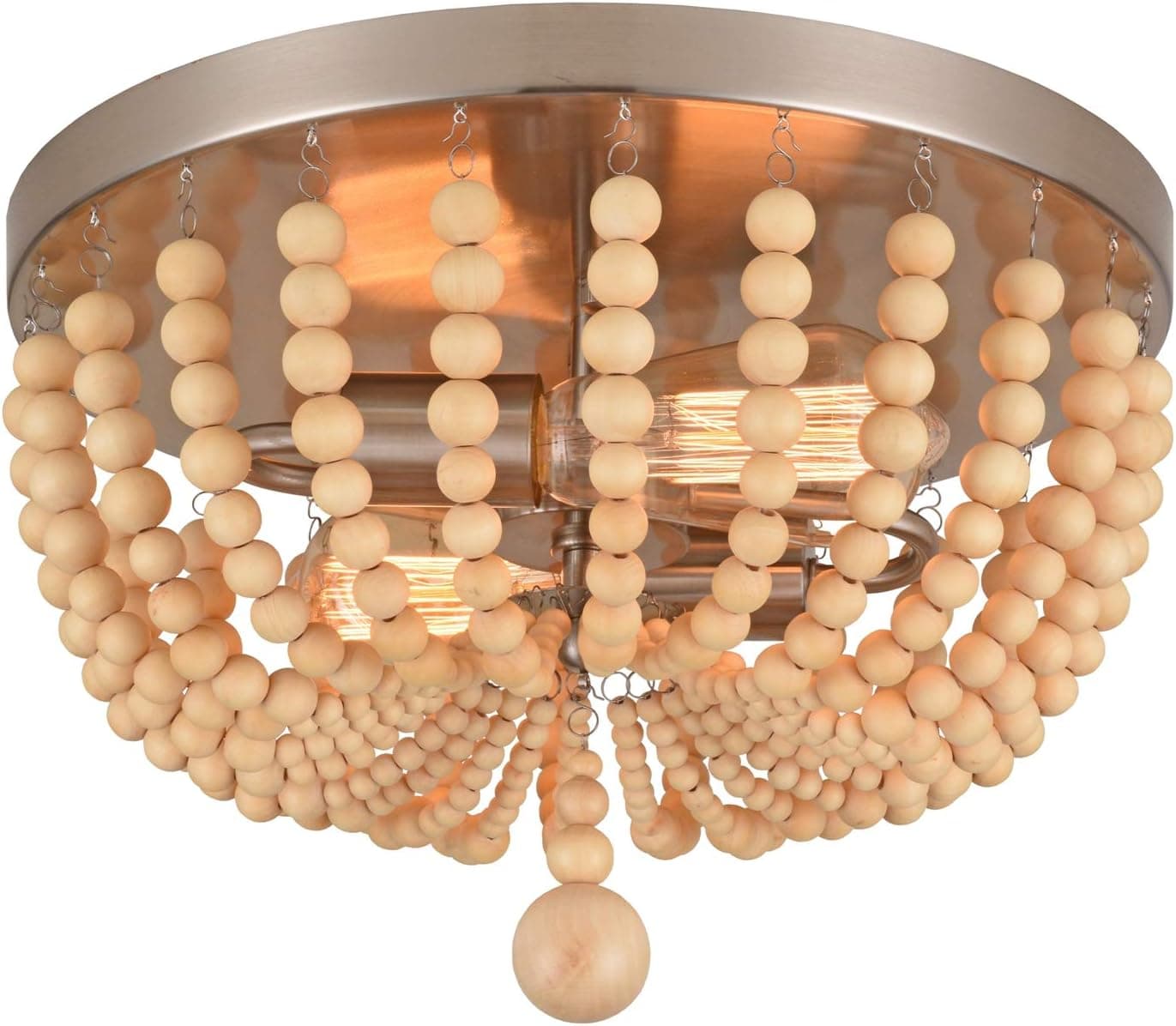 ALICE HOUSE 14.1" Flush Mount Light, 2 Lights Wood Beaded Ceiling Light, Brushed Nickel Farmhouse Chandelier for Entryway, Hallway, Bedroom and Stairway AL9031-S2SN