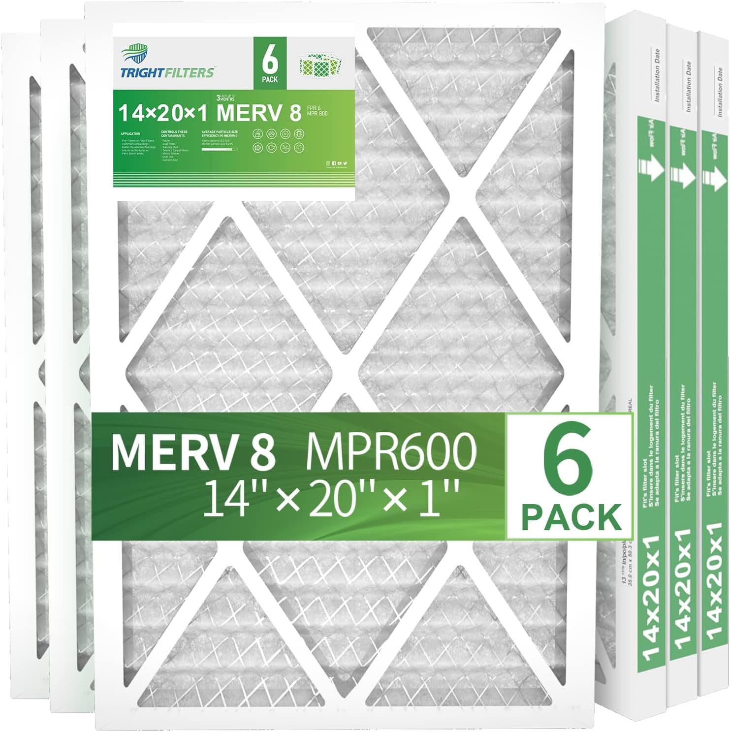 Air Filter 14x20x1, TRIGHTFILTERS MERV 8 Pleated HVAC AC Furnace Filters, 6-Pack Furnace Air Filter for Vent, Air Conditioner, Cleaner Machine, MPR 600