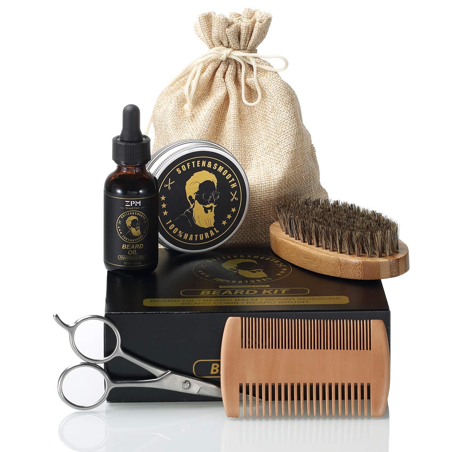 Beard Maintenance Kit for Facial Hair Grooming&Trimming-Beard Growth Oil& Moisturizing Balm, Beard Brush, Wood Comb, Barber Trimmer Scissors-Premium Gift Box