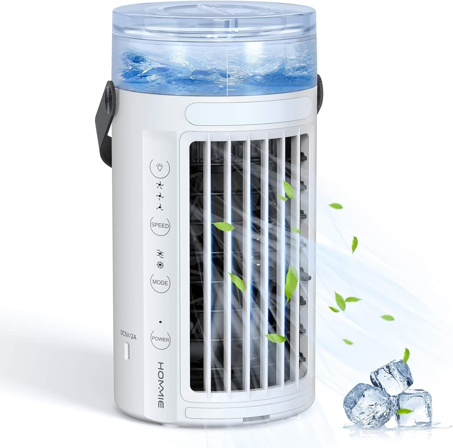 Portable Air Conditioner, Hommie 5 in 1 Personal Mini Air Cooler with 2 Fans, 8 Colors LED Light and 3 Speeds, Small Desk Mini Ac Evaporative Cooler Fanfor Personal Use Small Room