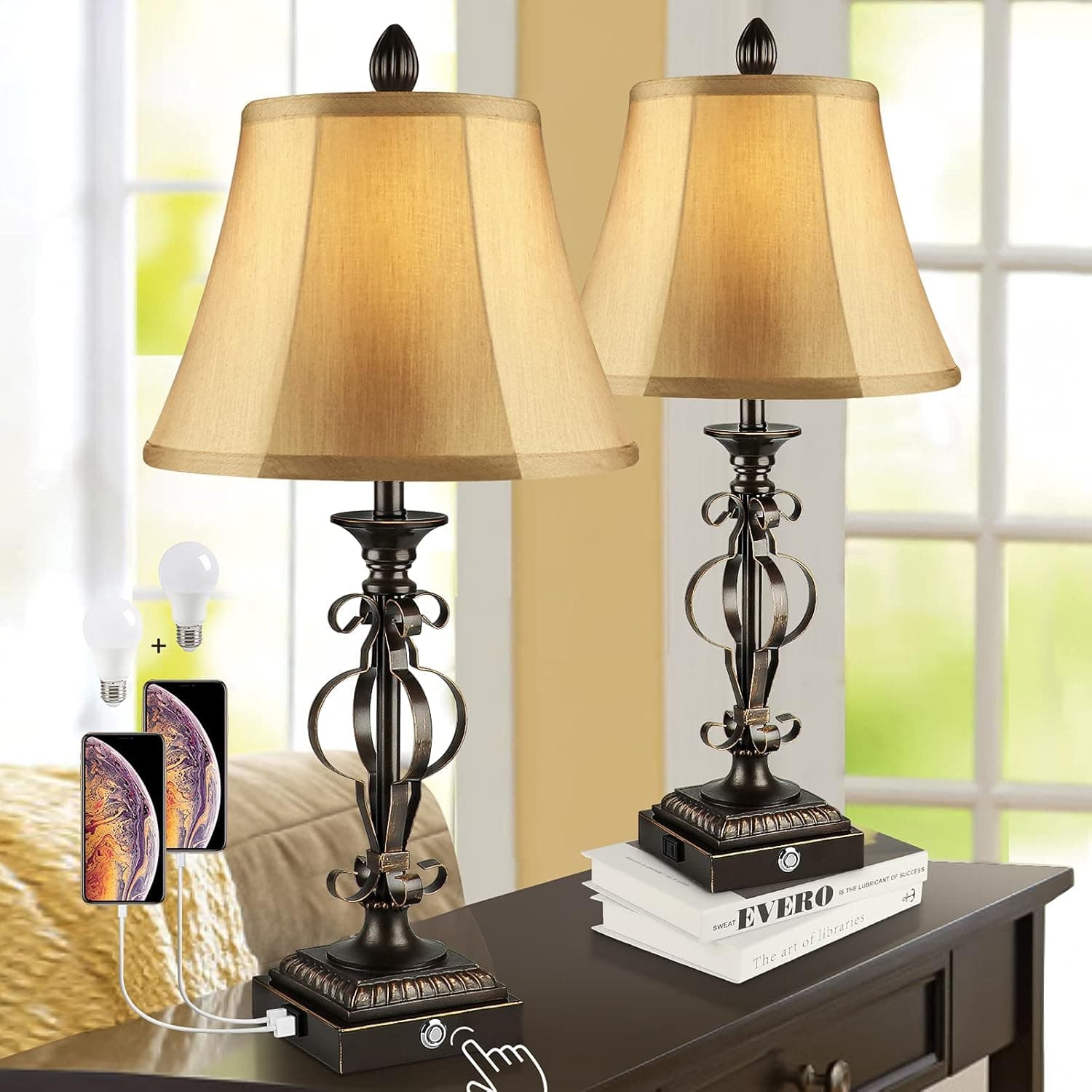 Table Lamps Set of 2, Touch Control 3-Way Dimmable Vintage Bedside Lamps with USB Port, Farmhouse Traditional Nightstand Lamp with Fabric Shade for Living Room, Bedroom, Office, 9W Bulbs Included