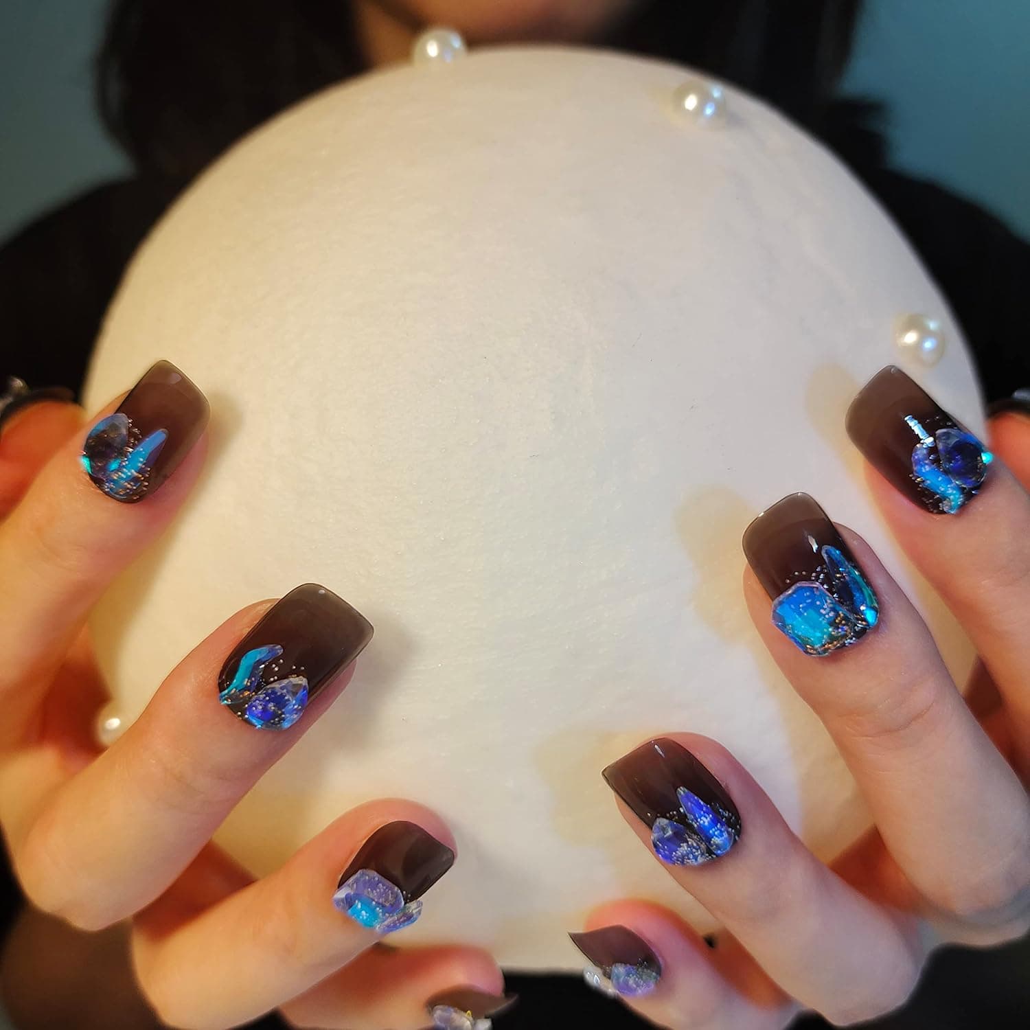 XE.IN Glitter Square Press On Fake Nails 24pcs, Blue Rhinestone Gray Medium Length Manicure,Reusable frosting Supremely Fit Holo Gems Nails,Shining Acrylic False Nails,24 Nail Kit With Jelly Glue For Women and Girls,dark spirit Gel Stick On Nails Tips With Salon UV Finish,Glossy Moon Star Polish Free Pastel Press On Manicure With Chip-Free Technology, Luxury Full Cover 3D GEM