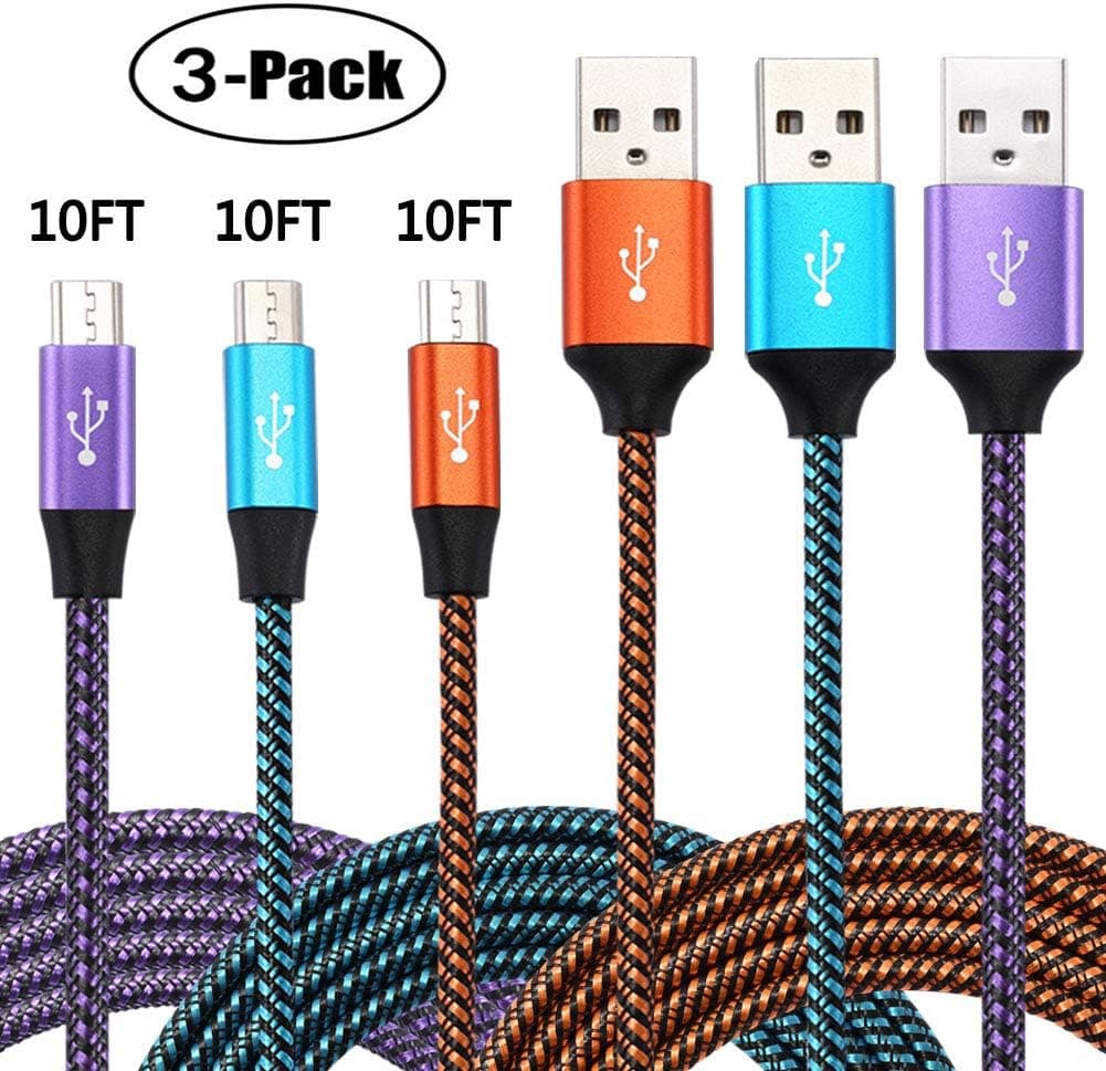 Android Charger Cable,Micro USB Cable 10FT 10FT 10FT 3-Pack Nylon Braided Cell Phone Charger Android Fast Charging Cord Compatible with Samsung Galaxy S6 S7 Edge J3 J7,LG,HTC,Motorola,Sony,Xbox,PS4
