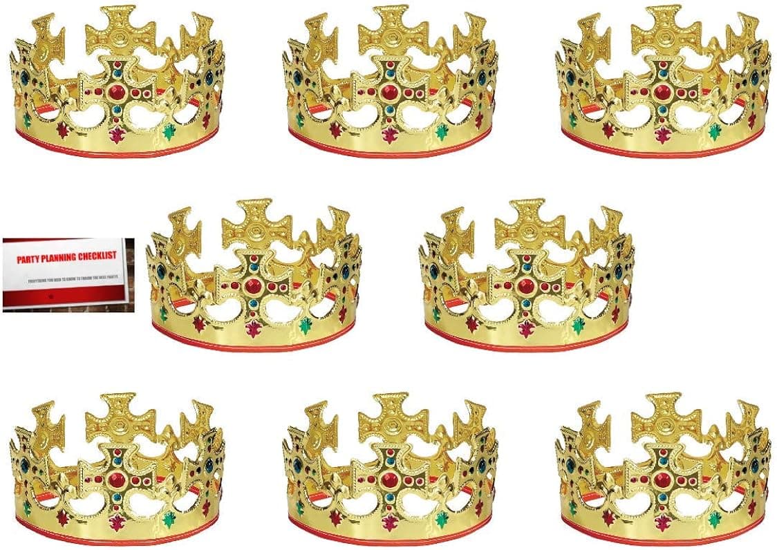 (8 Pack) Gold Jeweled Royal Majestic King Crowns Adjustable (Plus Party Planning Checklist by Mikes Super Store)