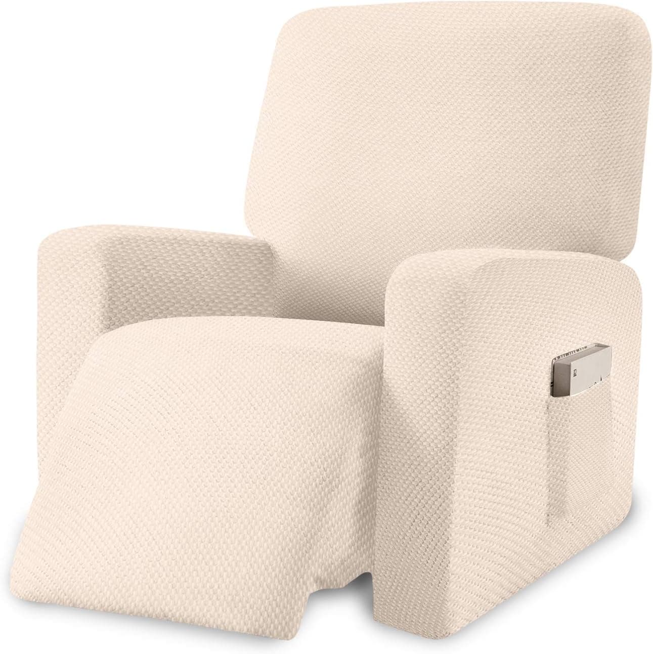 Granbest Stretch Recliner Cover 1 Piece Premium Thick Recliner Chair Cover with Pockets Jacquard Recliner Slipcover Furniture Protector with Elastic Bottom (Recliner, Beige)