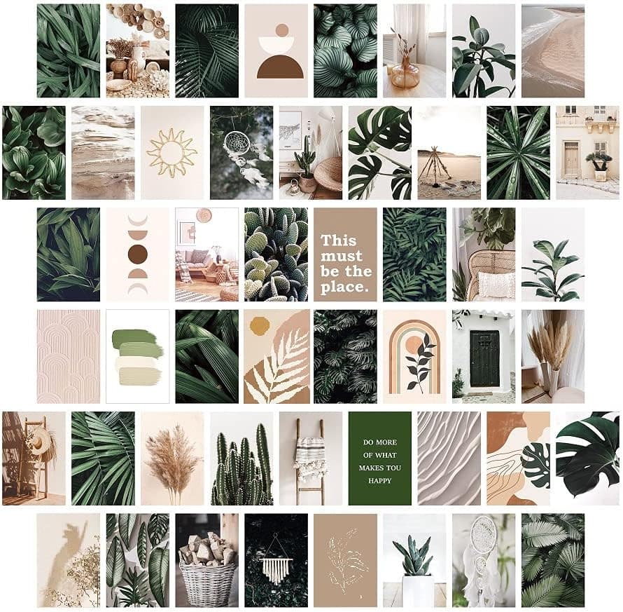 50PCS Dark Green Boho Plants Photo Academia Aesthetic Photo Wall Collage Kit, Art Collage Kit, Aesthetic Poster for Dorm Wall Decor, Wall Art Print for Boy Girls, Bedroom Decor for Teen …