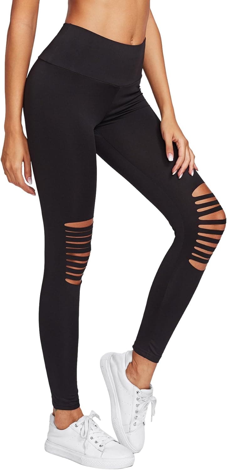 SweatyRocks Women's High Waisted Cutout Ripped Skinny Leggings Yoga Active Pants (X-Large, Black#2)
