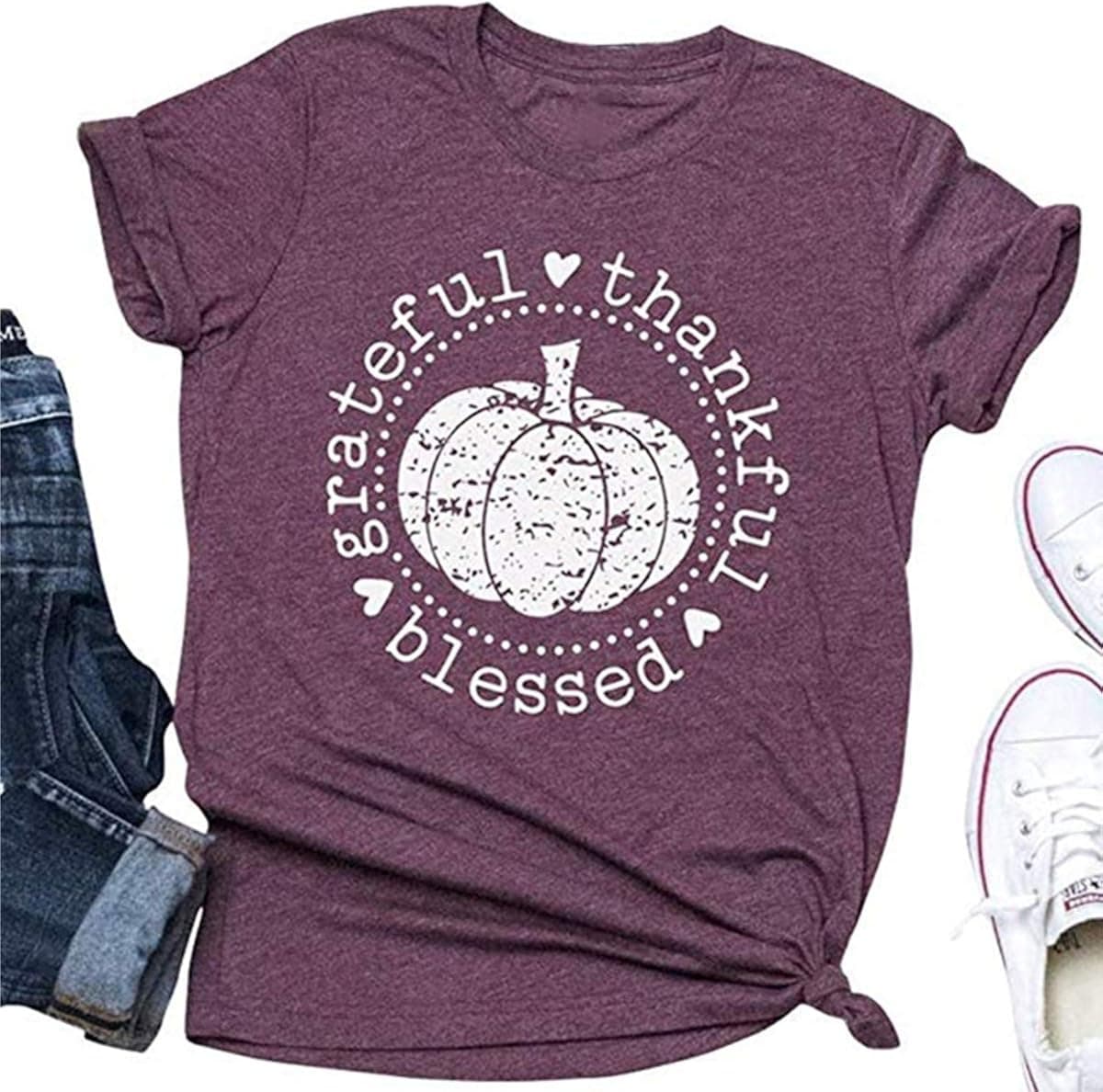 Beopjesk Women's Short Sleeve Thanksgiving Pumpkin Blessed Thanksful T Shirt Funny Casual Graphic Tees Tops