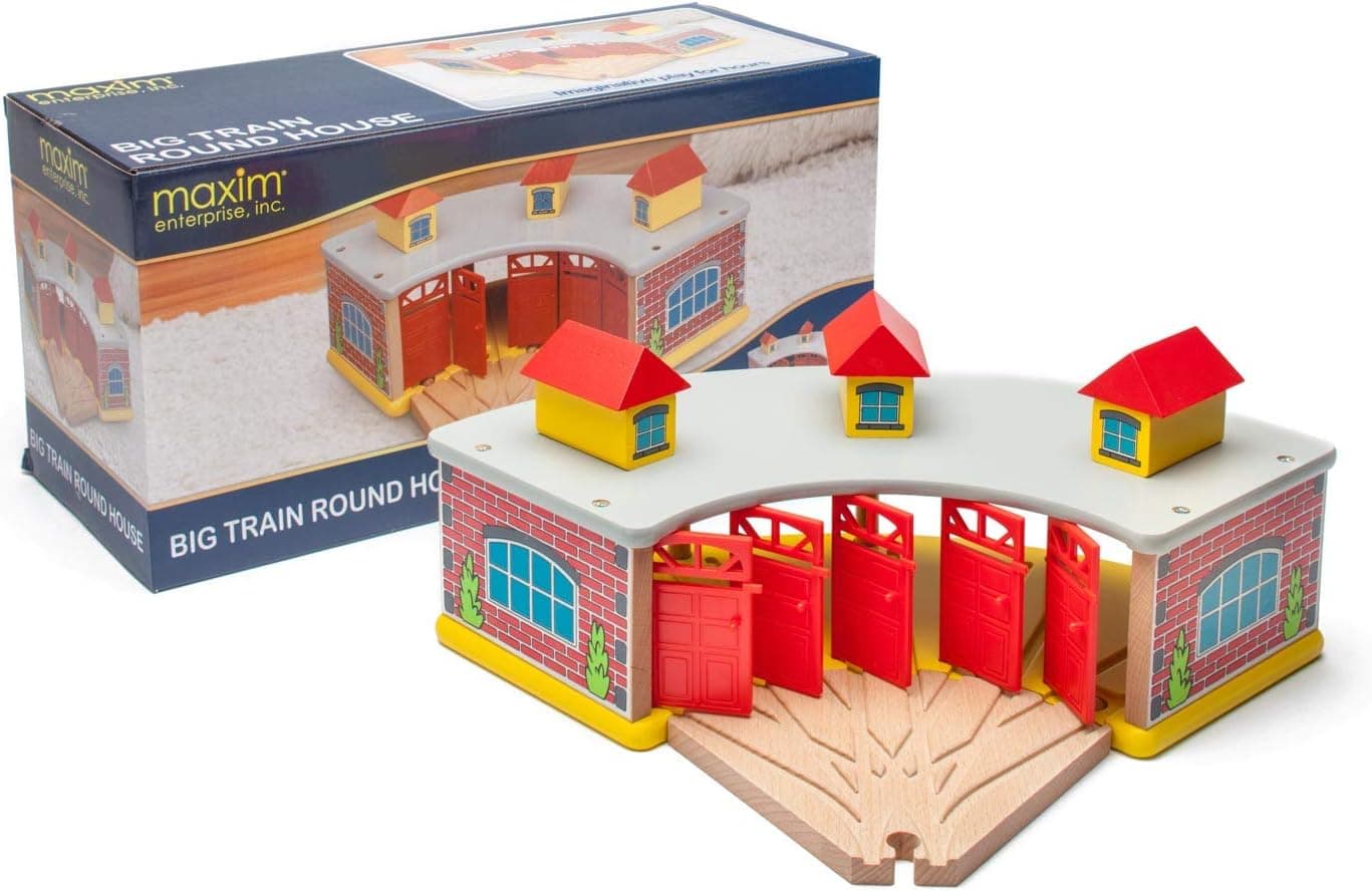 maxim enterprise, inc. Wooden Train Round House with 5-way Switch Track for Kids Ages 3 and Up. Vibrant Colors, Detailed with 5 Doors. Houses 5 Engines & Cars. Compatible with Major Brands Wooden Railways