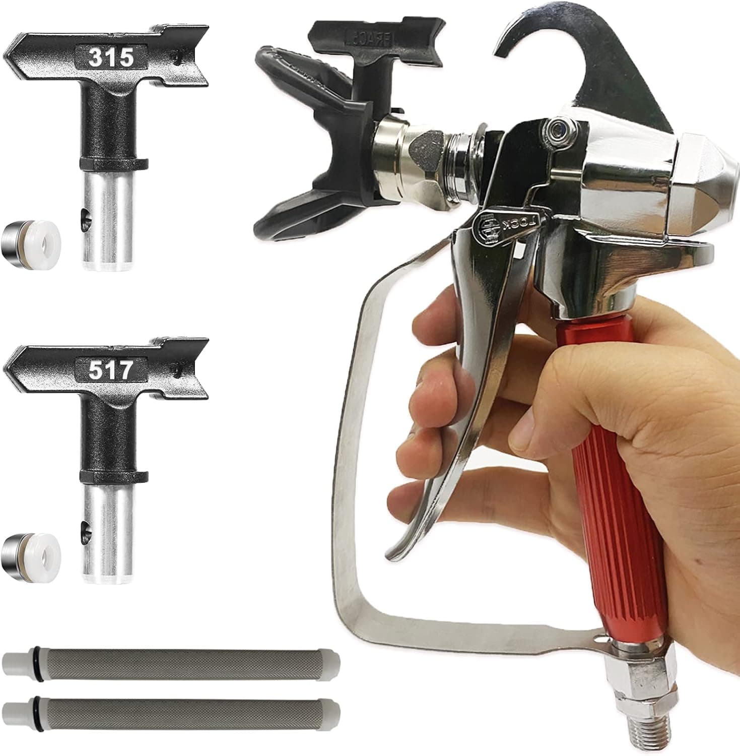 Airless Paint Sprayer Gun High Pressure 3600 PSI with 2Pcs Paint Spray Gun Tip (315,517) and Nozzle Guard + 2Pcs Airless Spray Gun Filter for Pump Airless Paint Sprayer