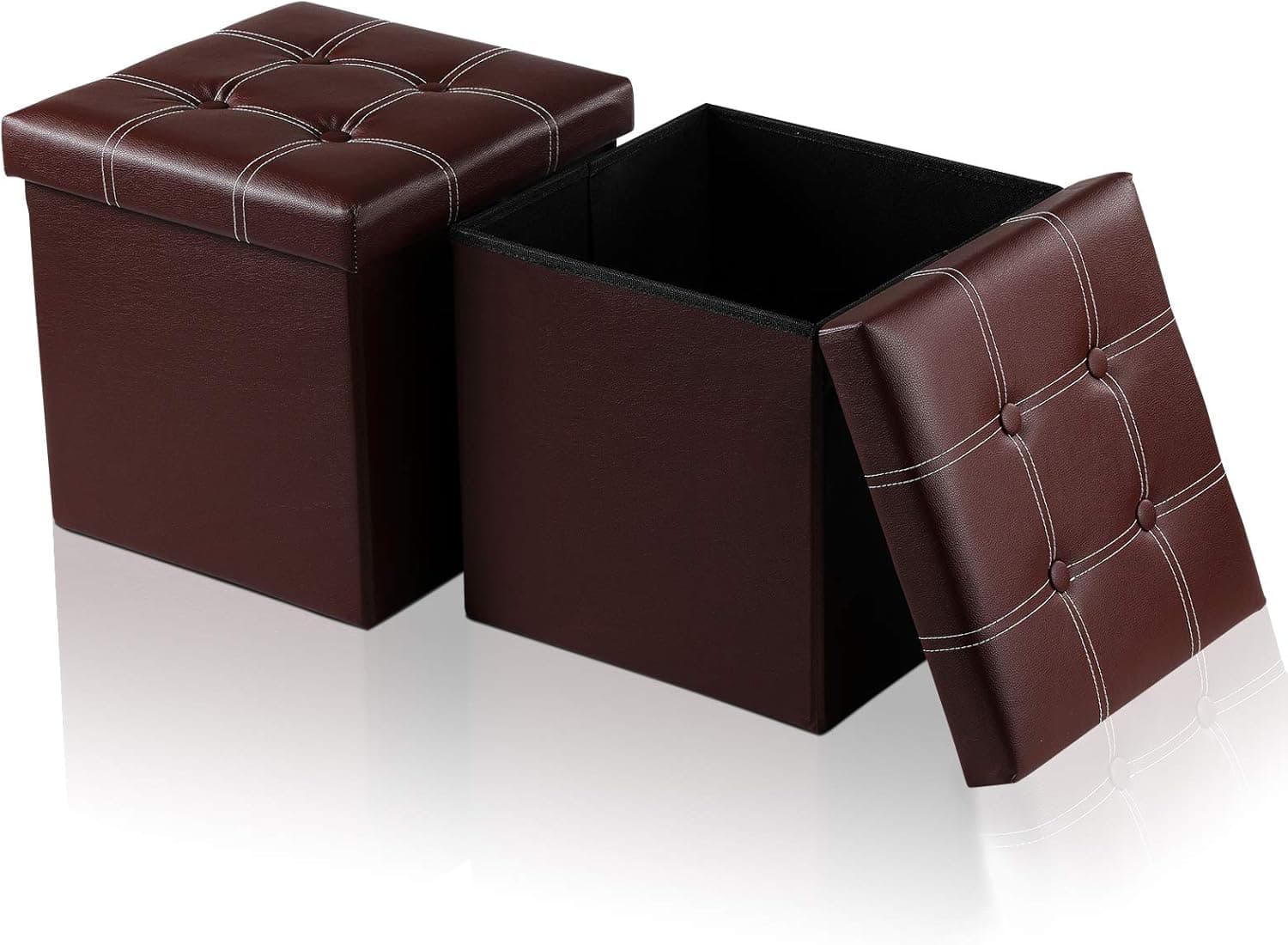 Large Storage Ottoman Cube(2-Pack) 15X15X15Inch Folding Storage Box Chest with Lids,Memory Foam Seat Tufted Faux Leather Trunk,Bedroom Ottomans Cube, Foot Rest Stool(Brown, Faux Leather)