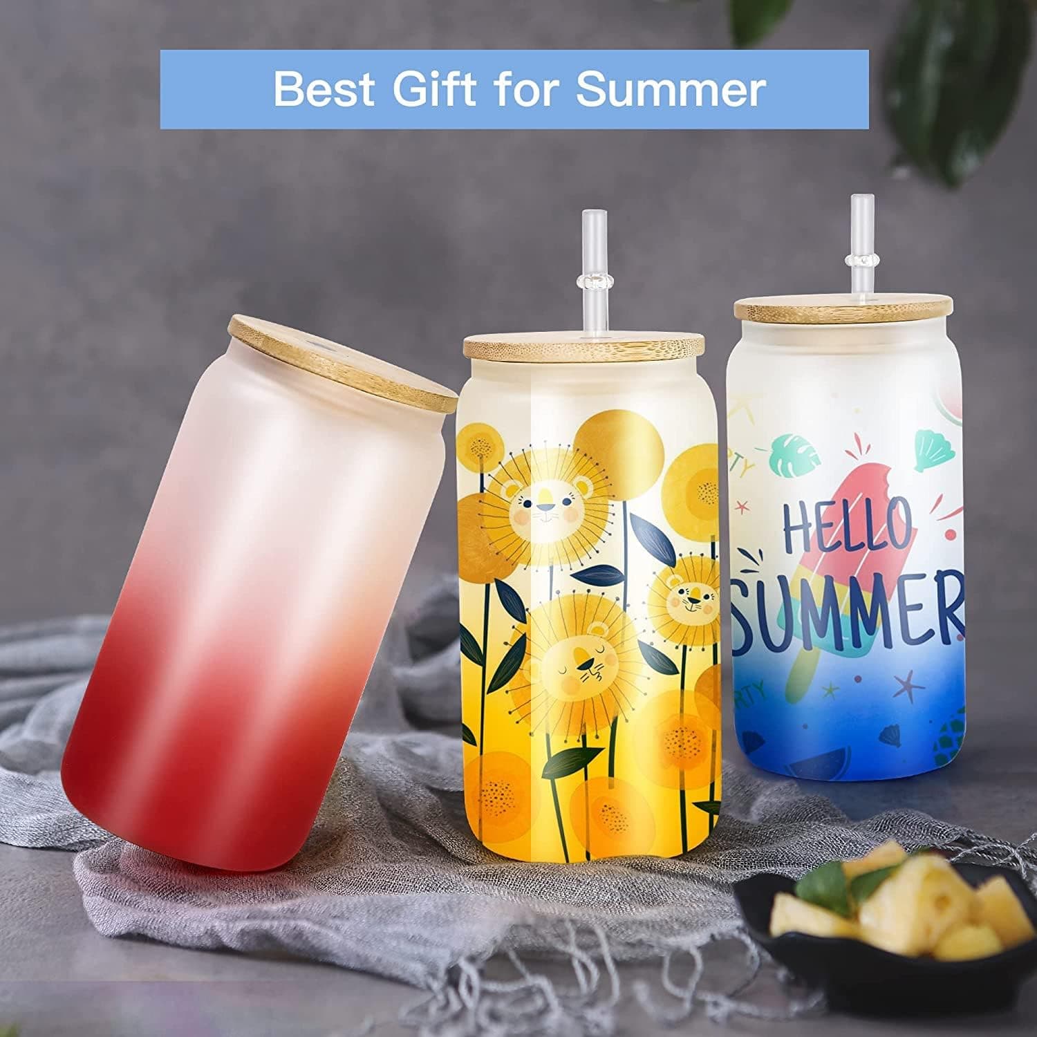 Adorable Decorable 5 Piece 16oz Hot or Cold Color Changing Sublimation Beer Can Glass Blanks with Bamboo Lid and Plastic Straw for Iced Coffee, Beer, Cocktail, Tea, Juice Milk Tea, Smoothies, Boba.