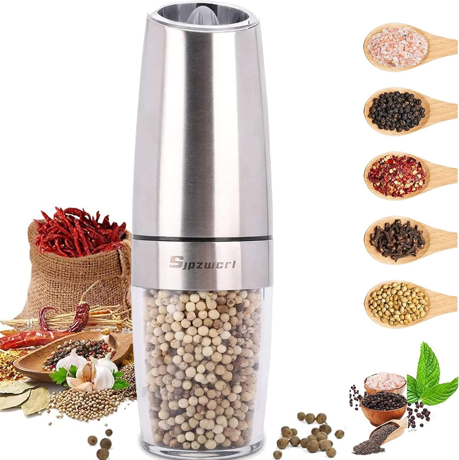Electric Salt Pepper Grinder, Battery Powered One Hand Operation Electronic Peper Mill, Automatic Gravity Peppermills Shaker, Adjustable Grind Coarseness and Refillable, Stainless Steel 1 Pack