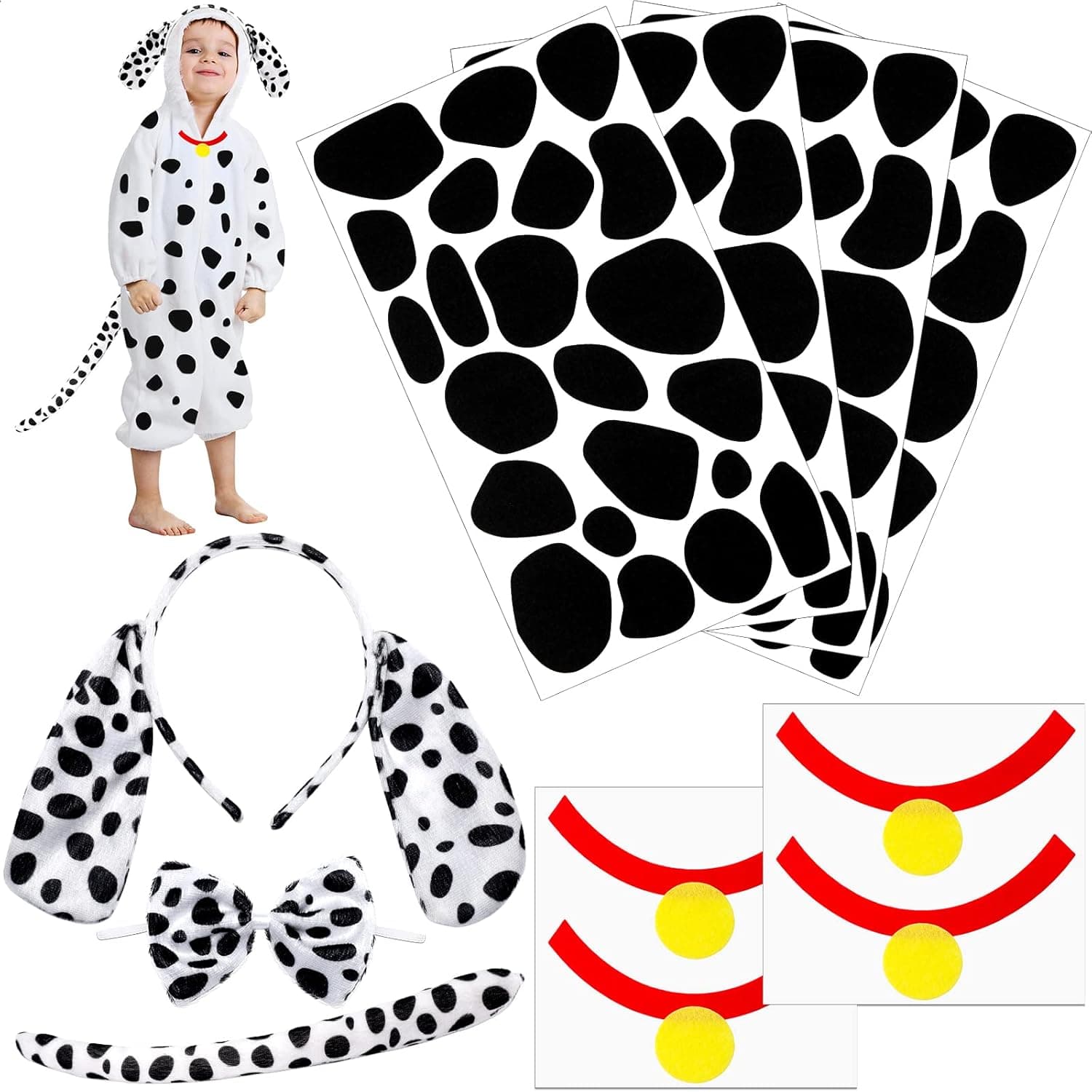 Oudain Dalmatian Costume Set Ear Headband Bow Tie Tail 4 Sheets Adhesive Felt Circles Felt Pads 4 Pieces Spotty Dog Bells Felt Pad Accessories Set for Costumes Halloween Party Cosplay