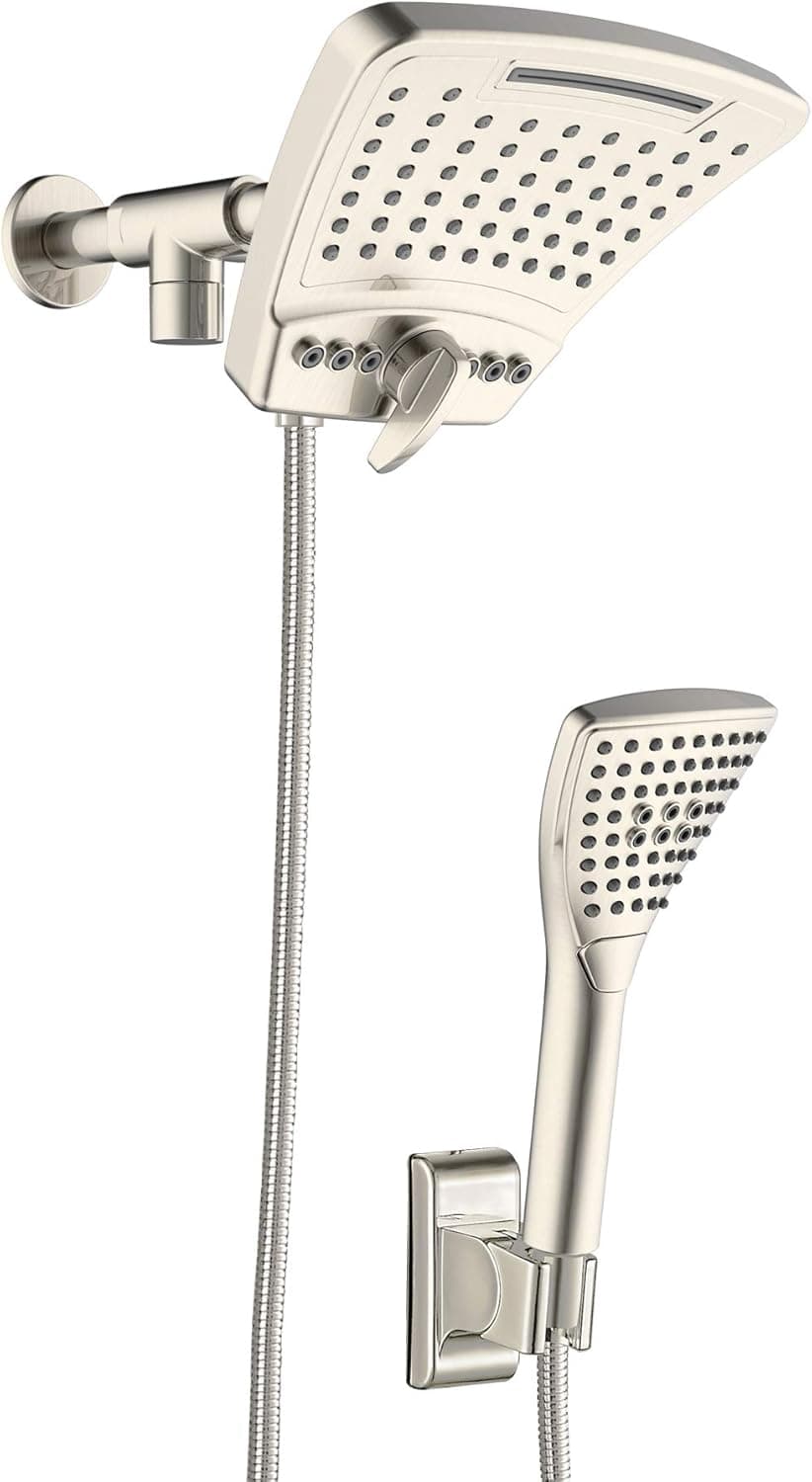 PULSE ShowerSpas 1056-BN PowerShot Shower System with Air-Infused Curved 8" Multi-Pattern Showerhead and 3-Function Hand Shower, Brushed Nickel Finish