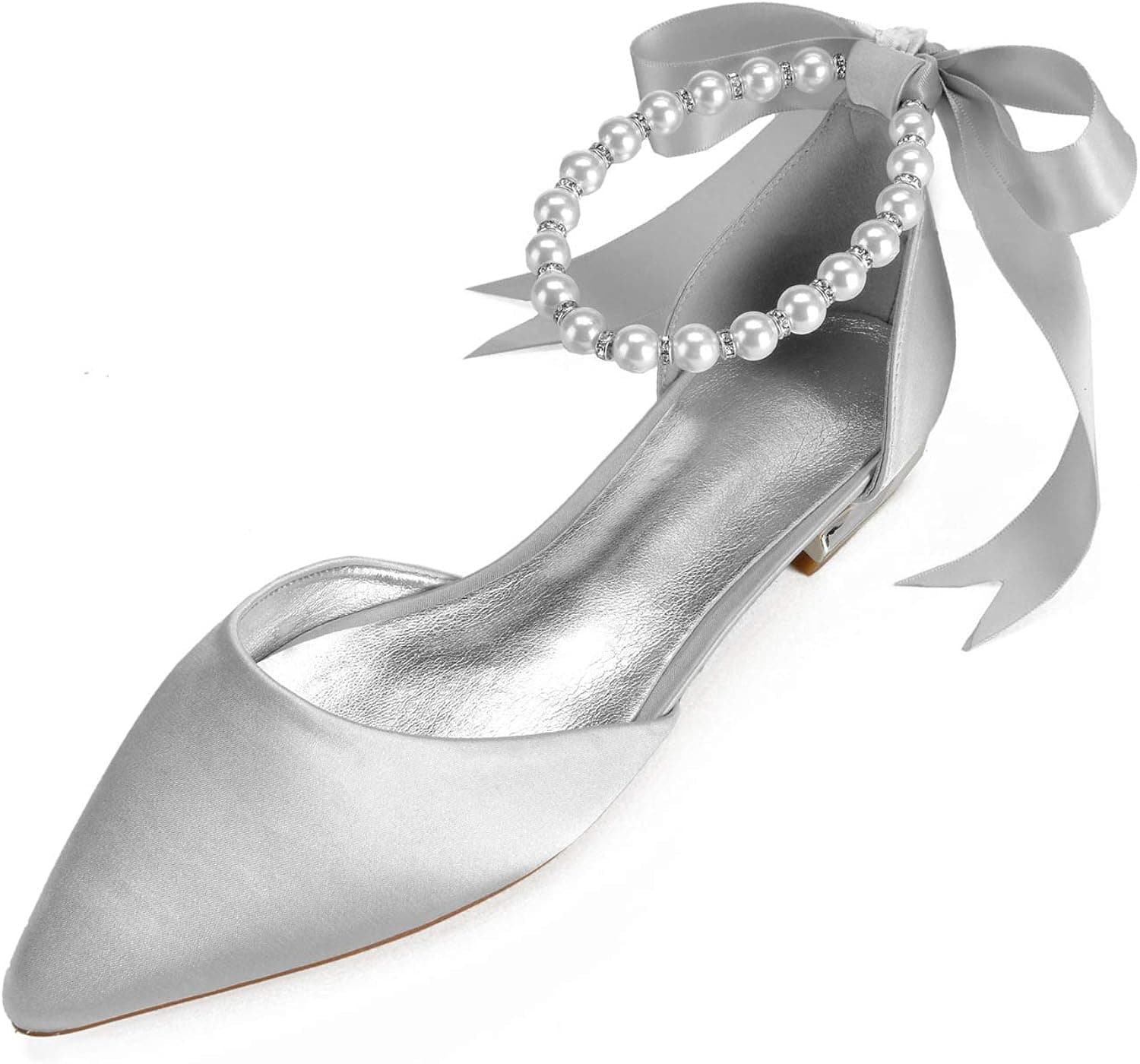 LLBubble Women Satin Pearls Wedding Flats Shoes for Bride Pointed Toe Prom Evening Bridal Party Dress Flats 5047-37