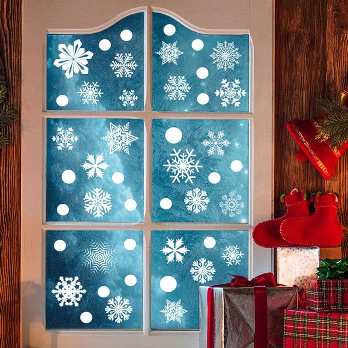 365PCS Christmas Snowflake Window Clings Sticker Decal White Merry Christmas Xmas Reindeer Happy New Year for Holiday Winter Wonderland White Decorations Ornaments Party Supplies (6 Sheets)
