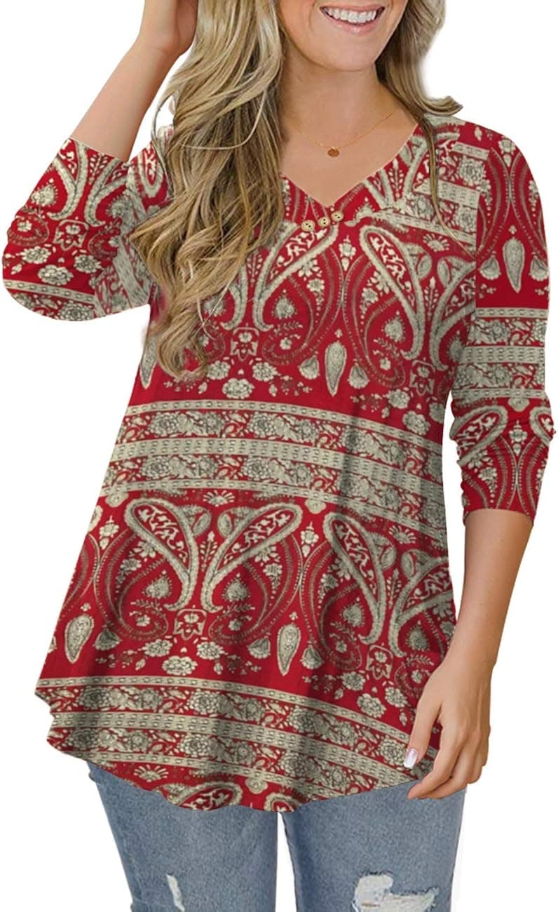 FOLUNSI Women’s Plus Size Short Sleeve Henley Shirt V Neck Floral Blouses Tunic Tops M-4XL