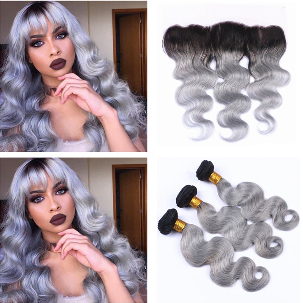 Ruma Hair 8A Silver Grey Ombre Virgin Hair With 13x4 Ear to Ear Lace Frontal 4Pcs Lot Two Tone 1B Grey Dark Root Ombre Brazilian Body Wave Lace Frontal Closure With Human Hair Bundles (16+18 20 22)