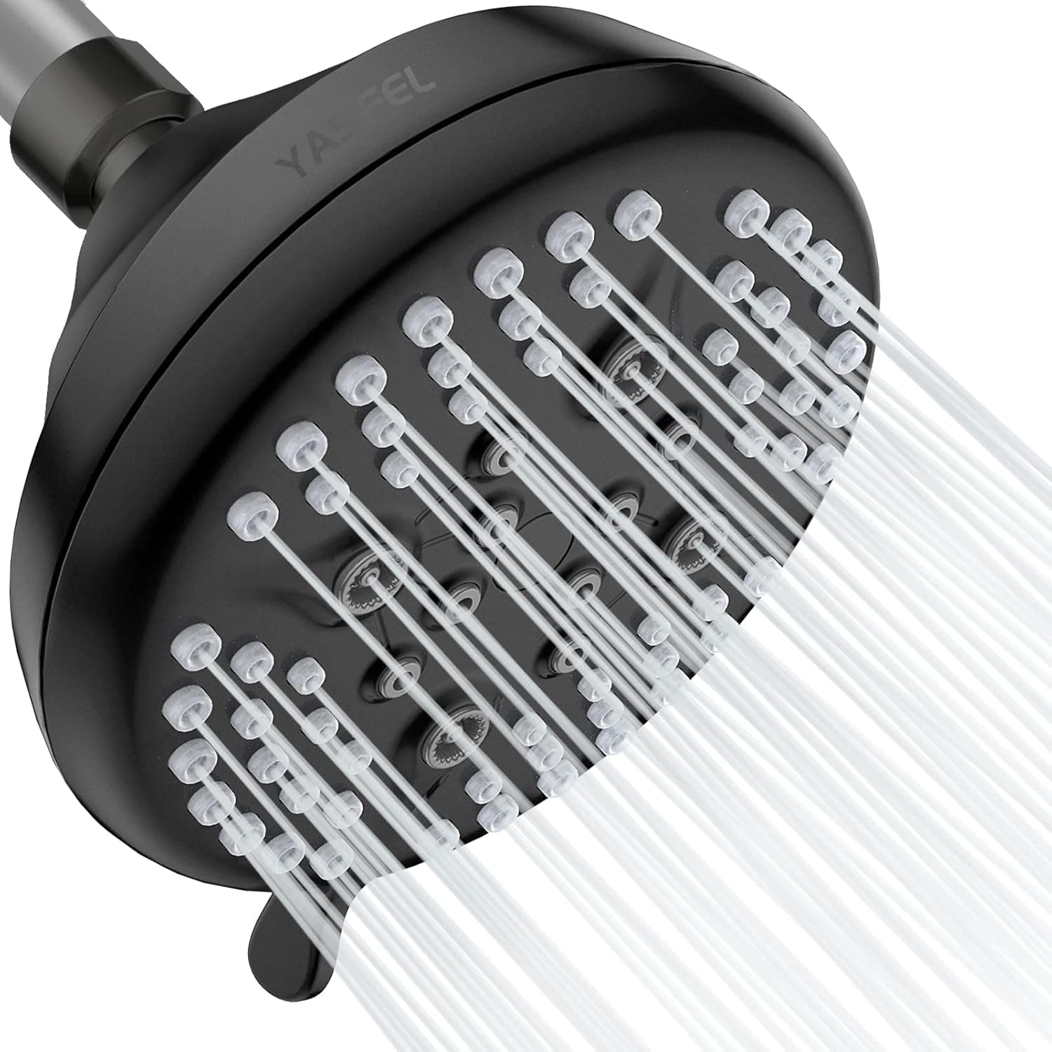 YASFEL Matte Black Shower Head High Pressure 5" Fixed Shower Head 5 Settings 2.5 GPM High Flow Rain Shower Head with 360° Brass Ball Joint (Matte Black,2.5GPM)