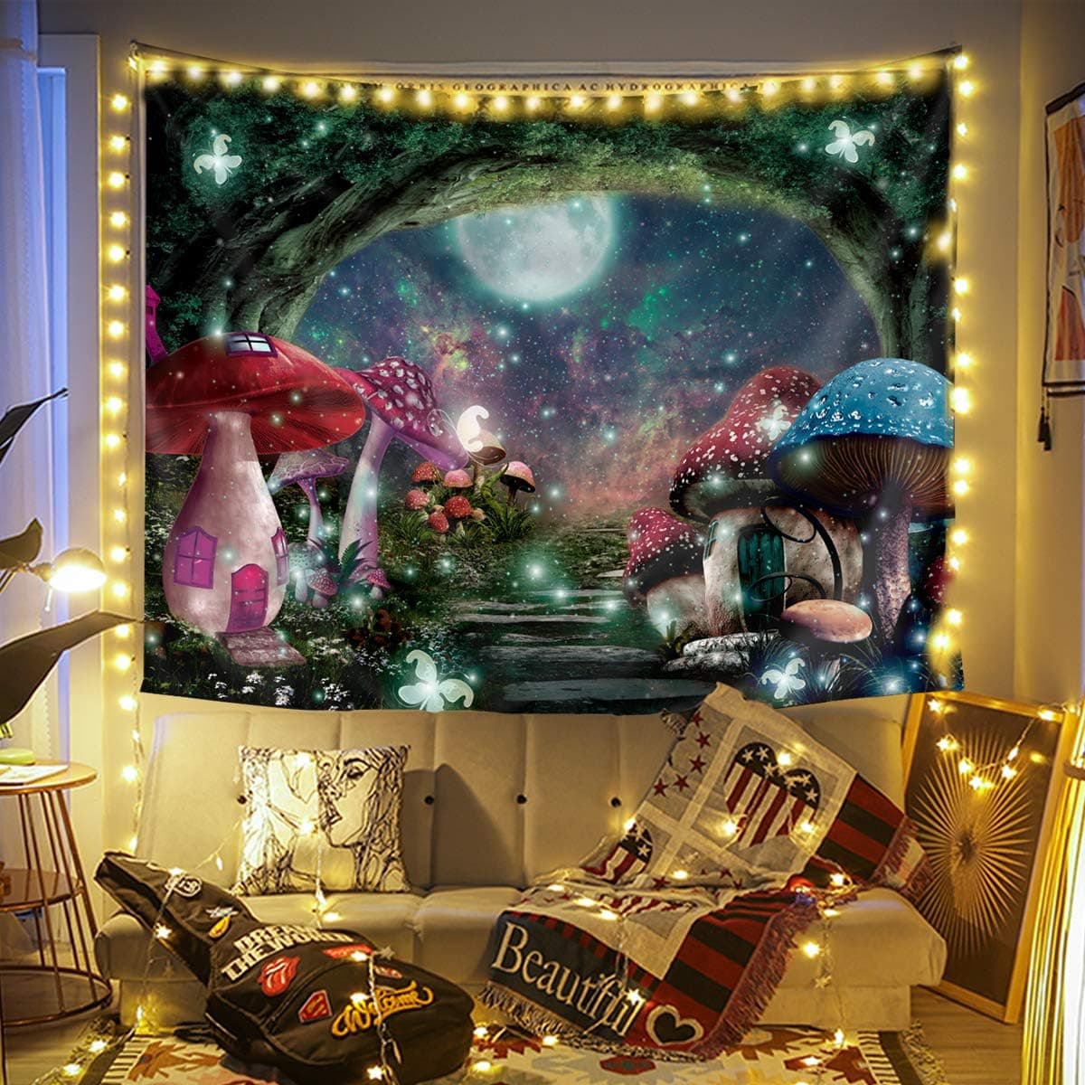 Jeteven Mushroom Tapestry Wall Hanging, Trippy Tapestry Psychedelic Forest Mushroom Tapestry Wall Hanging Colorful Home Wall Decor for Bedroom Living Room College Dorm (91''*59'')