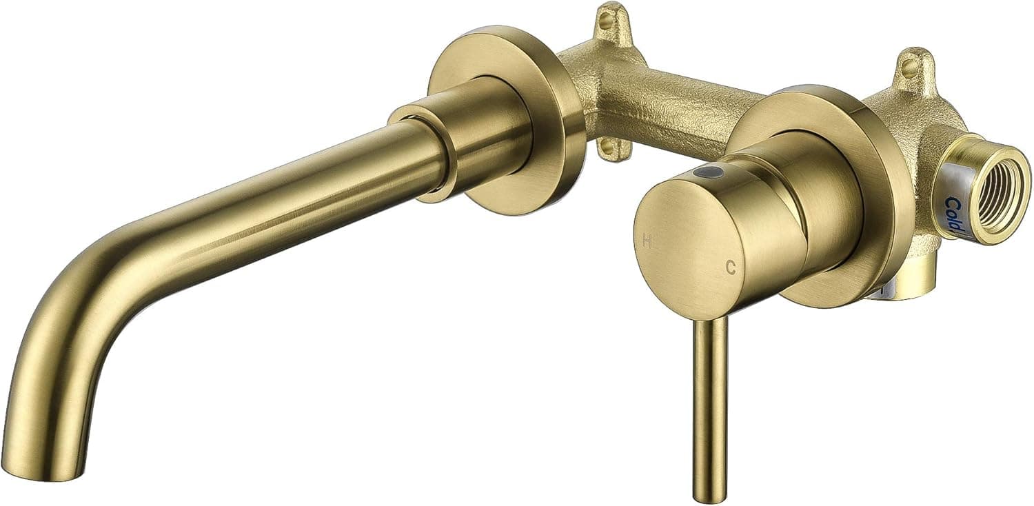 BESTILL Brass Single Handle Wall Mount Bathroom Sink Faucet, Brushed Gold