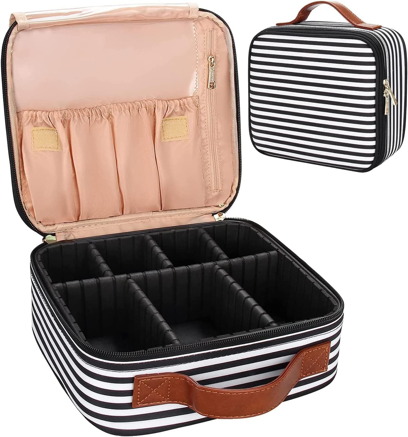 Relavel Travel Makeup Train Case Makeup Cosmetic Case Organizer Portable Artist Storage Bag with Adjustable Dividers for Cosmetics Makeup Brushes Toiletry Jewelry Digital Accessories (Stripe)