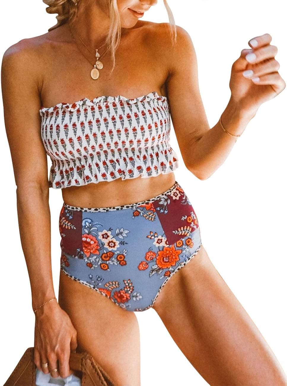 ZESICA Women's Summer Sleeveless Floral Printed High Waist Ruched Smocked Beach Bikini Sets Swimsuit Bathing Suit