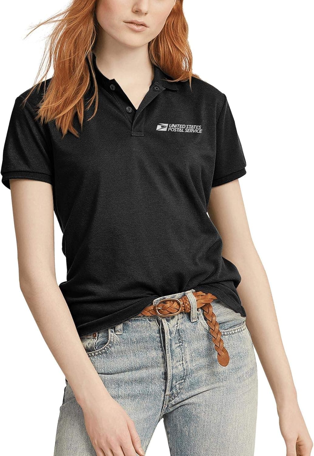 Womens White-United-States Retro Black Polo Shirts Work Uniform