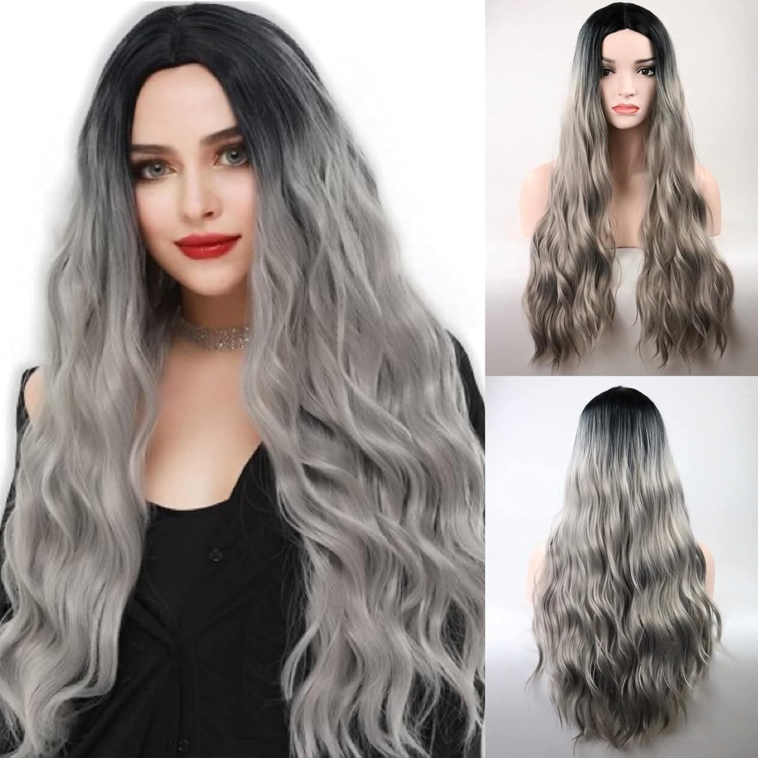 TopWigy Long Wavy Silver Grey Wig, 28 Inches Long Gray Wig for Women Synthetic Heat Resistant Middle Part Ombre Silver Wig Dark Roots Full Curly Wigs for Women Party Cosplay Halloween Easter Costume