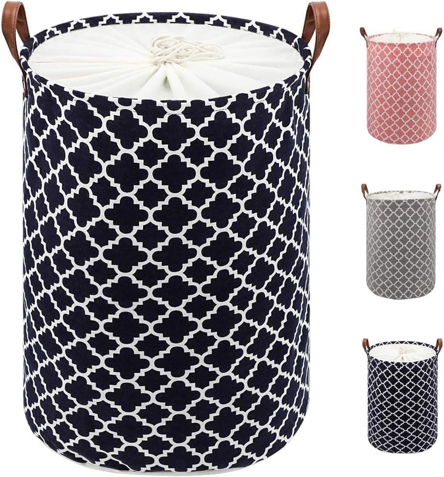 TOTANKI 80L Large Laundry Basket with Durable Leather Handle, Thickened Waterproof Drawstring Round Collapsible Laundry Hamper,Dirty Clothes Storage Basket for Bedroom,Bathroom,College Dorm(Blue, XL)