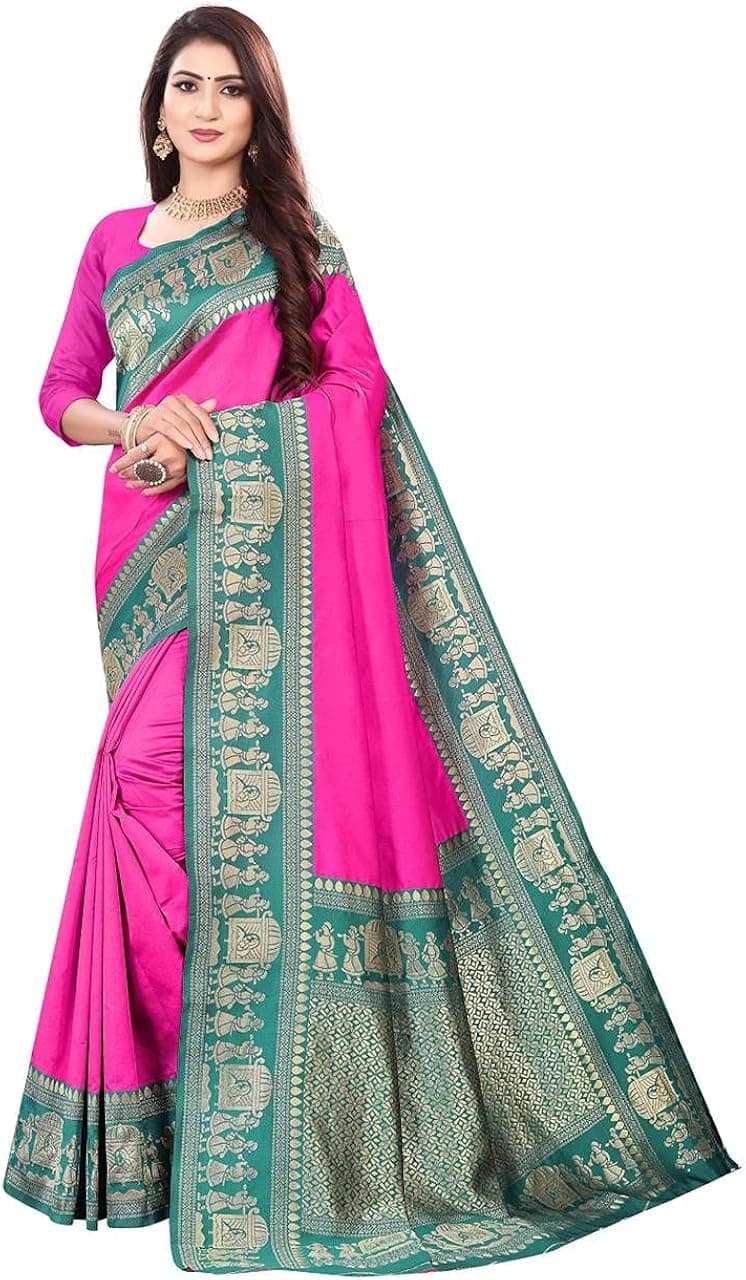 Indian Women's Banarasi Jacquard Rich Pallu Saree Wedding Traditional Designer Saree Bridal Silk Sari with Unstitched Blouse