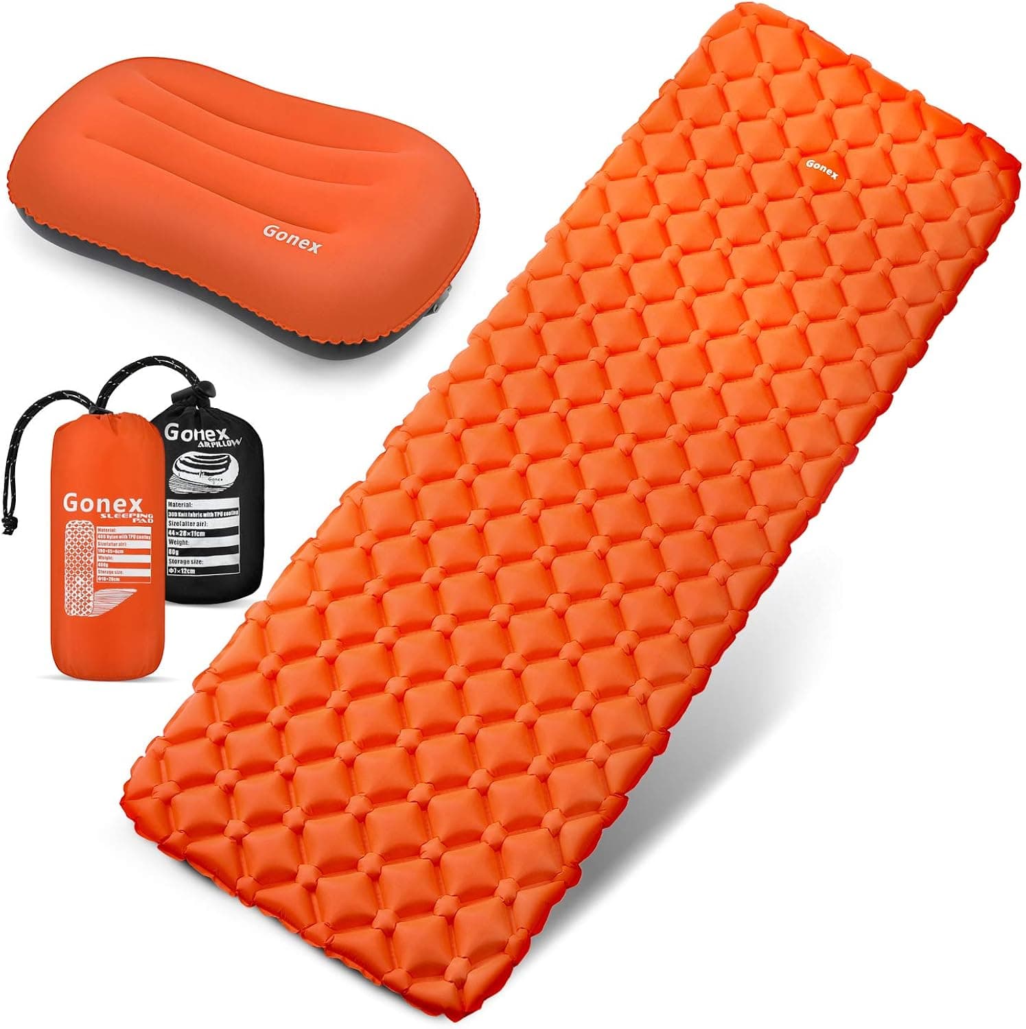 Gonex Air Sleeping Pad, Lightweight 13.7 OZ Camping Air Mattress Pad with Inflatable Travel Pillow, Waterproof, Inflatable & Compact Camping Mat for Backpacking, Hiking & Outdoor Activities, Orange