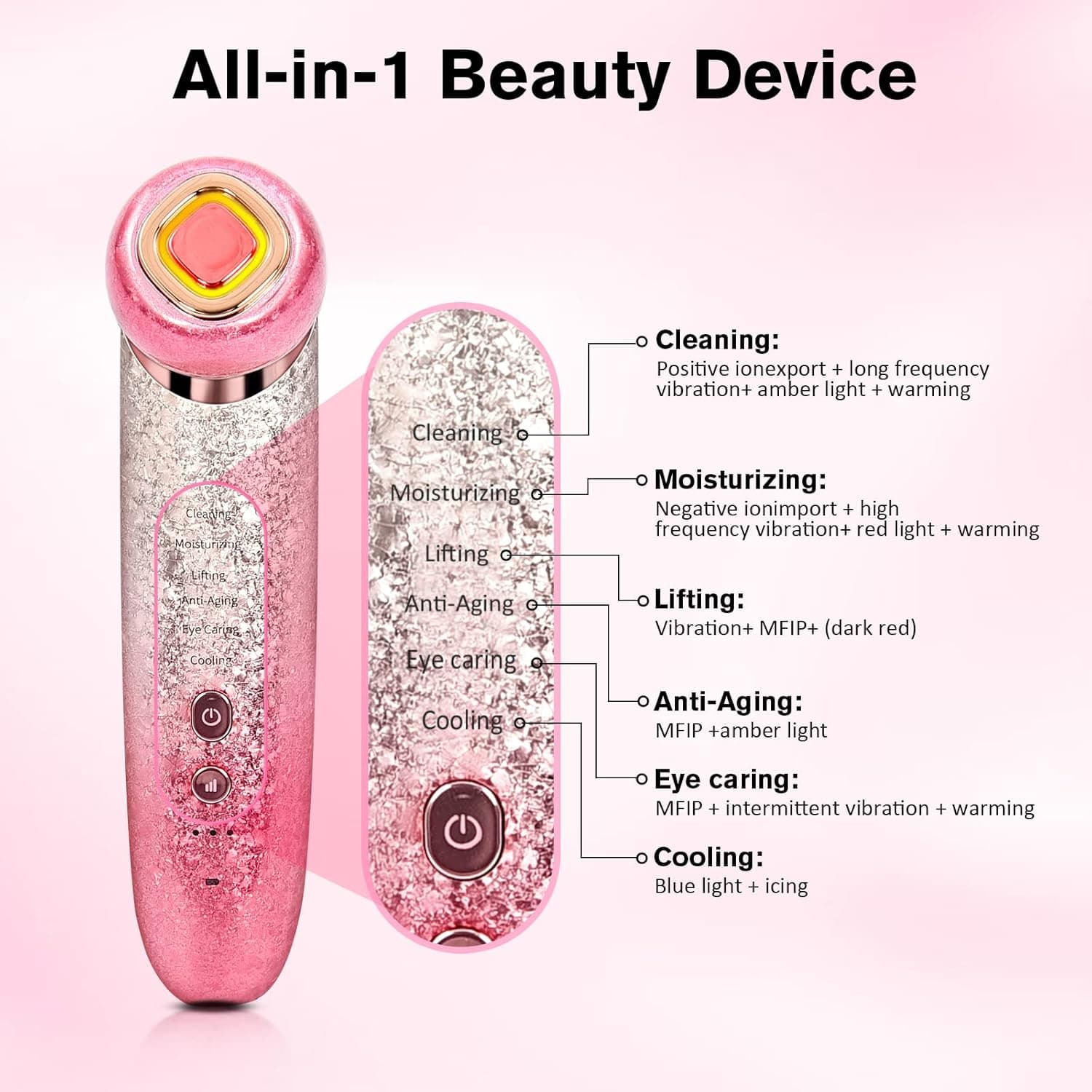 All-in-1 Facial Machine High Frequency Anti-Aging Beauty Device for Skin Rejuvenation Firming Tightening Lifting Light Therapy Face Massager Tool with Cooling Function