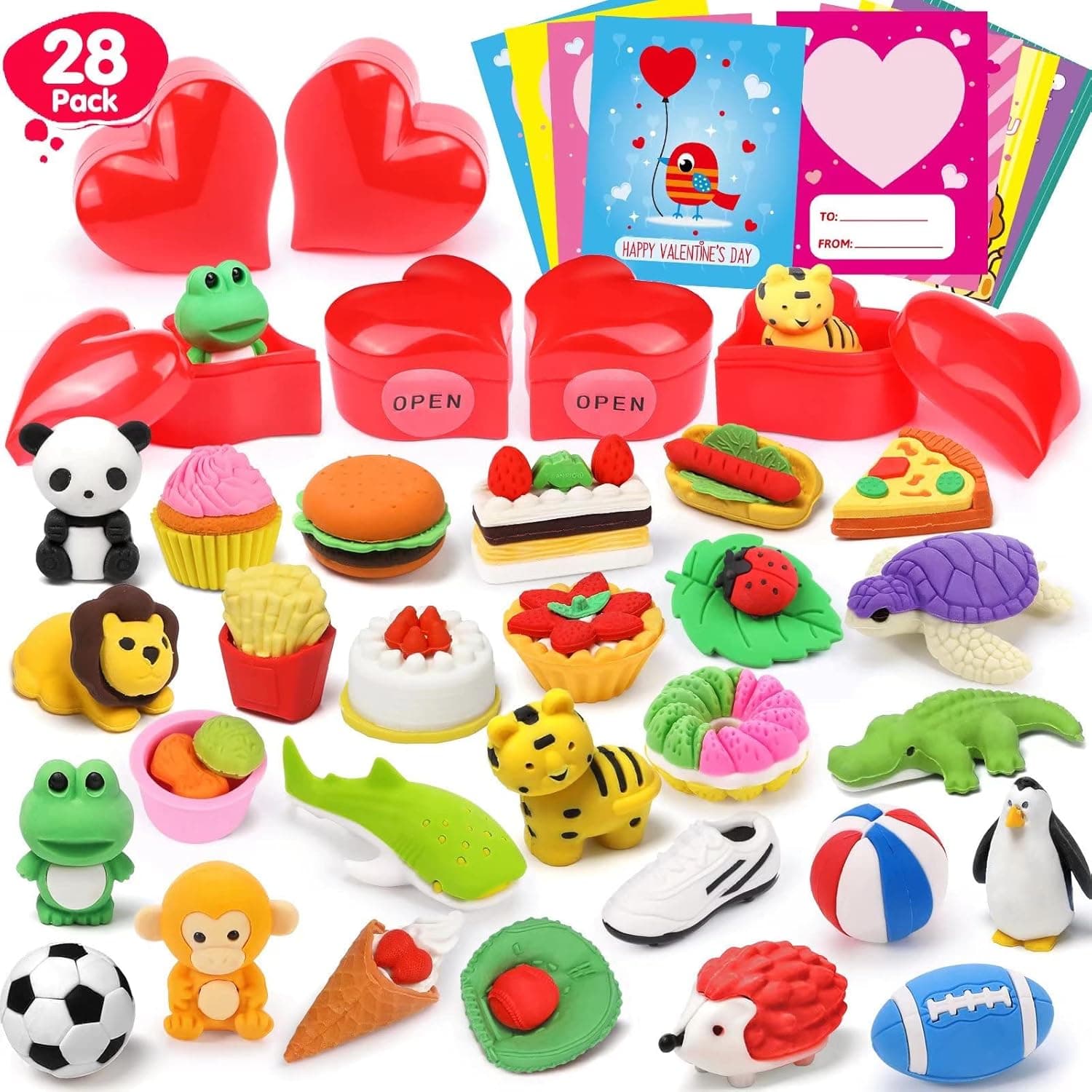 Valentines Cards for Kids Classroom School, 28 Pack Valentines Day Gifts for Kids Classroom School Game Prizes Filled Heart Mini Puzzle Animal Erasers Bulk Valentines Party Favors for Kids Boys Girls