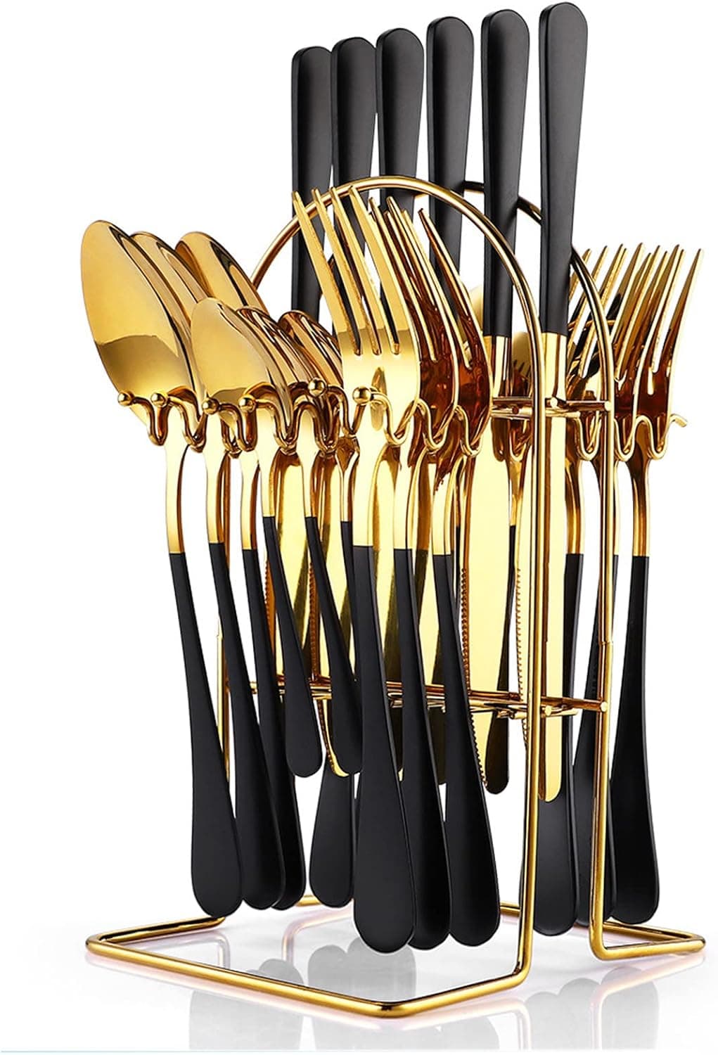 24 Pieces Flatware Set, Caliamary Stainless Steel Flatware Set with Silverware Holder Spoons Forks Knives,Utensils Set Service for 6,Gold Mirror Polished and Matte Pink Painted (Black)…