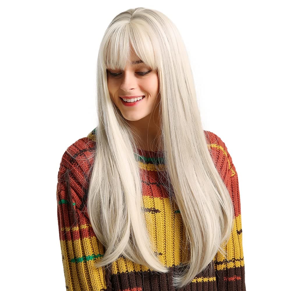 Long Wavy Wigs for Women Synthetic Curly Hair Wigs Middle Part Heat Resistant Fibre (Ombre White)