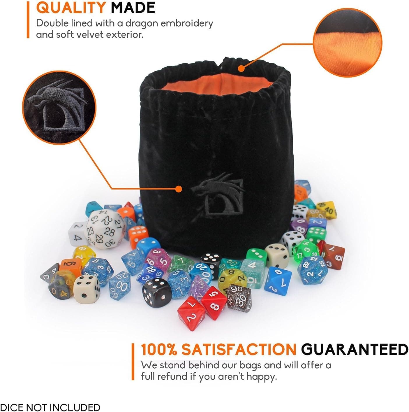 Dragon Pouch Dice Bag – Perfect Gift For Gamers | Large, Double Lined,, Freestanding Velvet Dice Bag With Embroidered Dragon – Holds Over 100 Dice – Black And Orange – Great For DnD