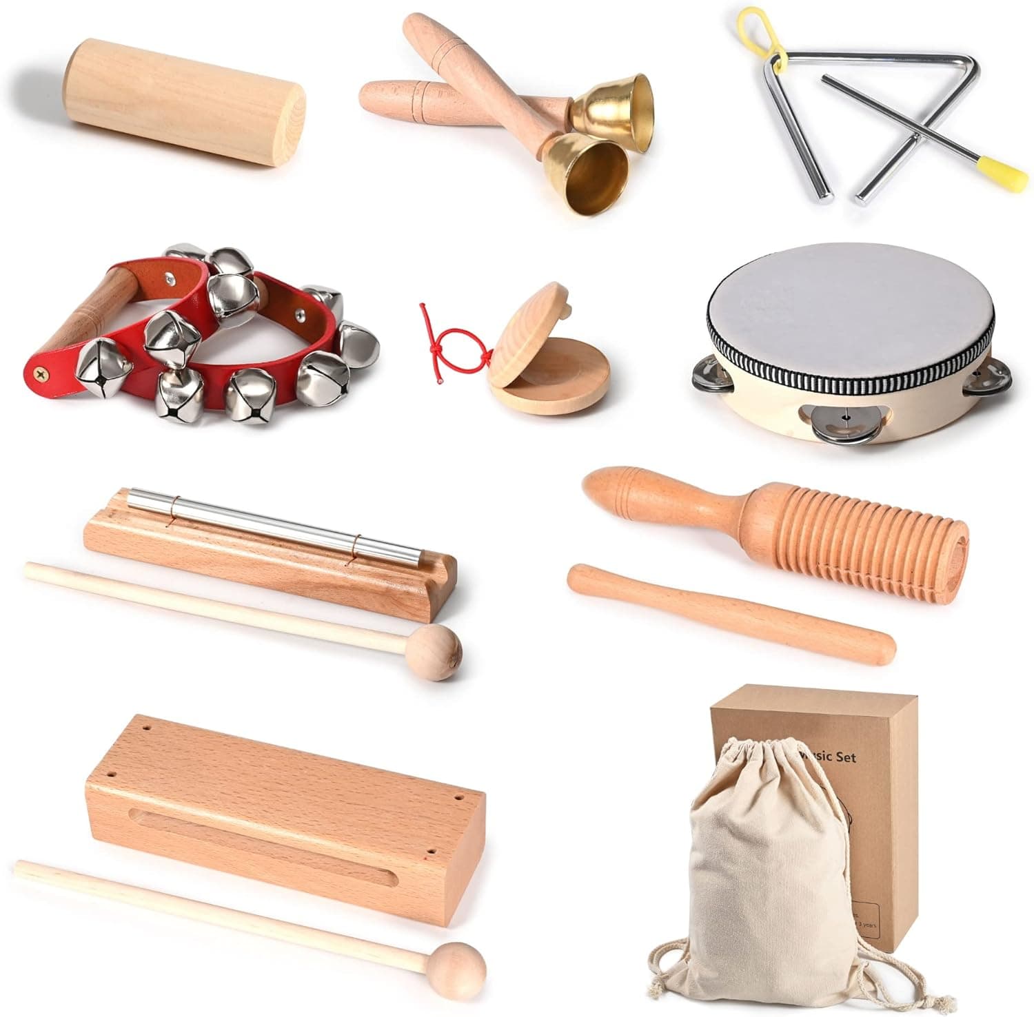 Musical Instruments for Toddlers 1-3 & Kids, Natural Wooden Musical Toys for Baby Preschool Montessori Education, Percussion Instruments Drum Music Set for Boys & Girls Toys with Storage Bag