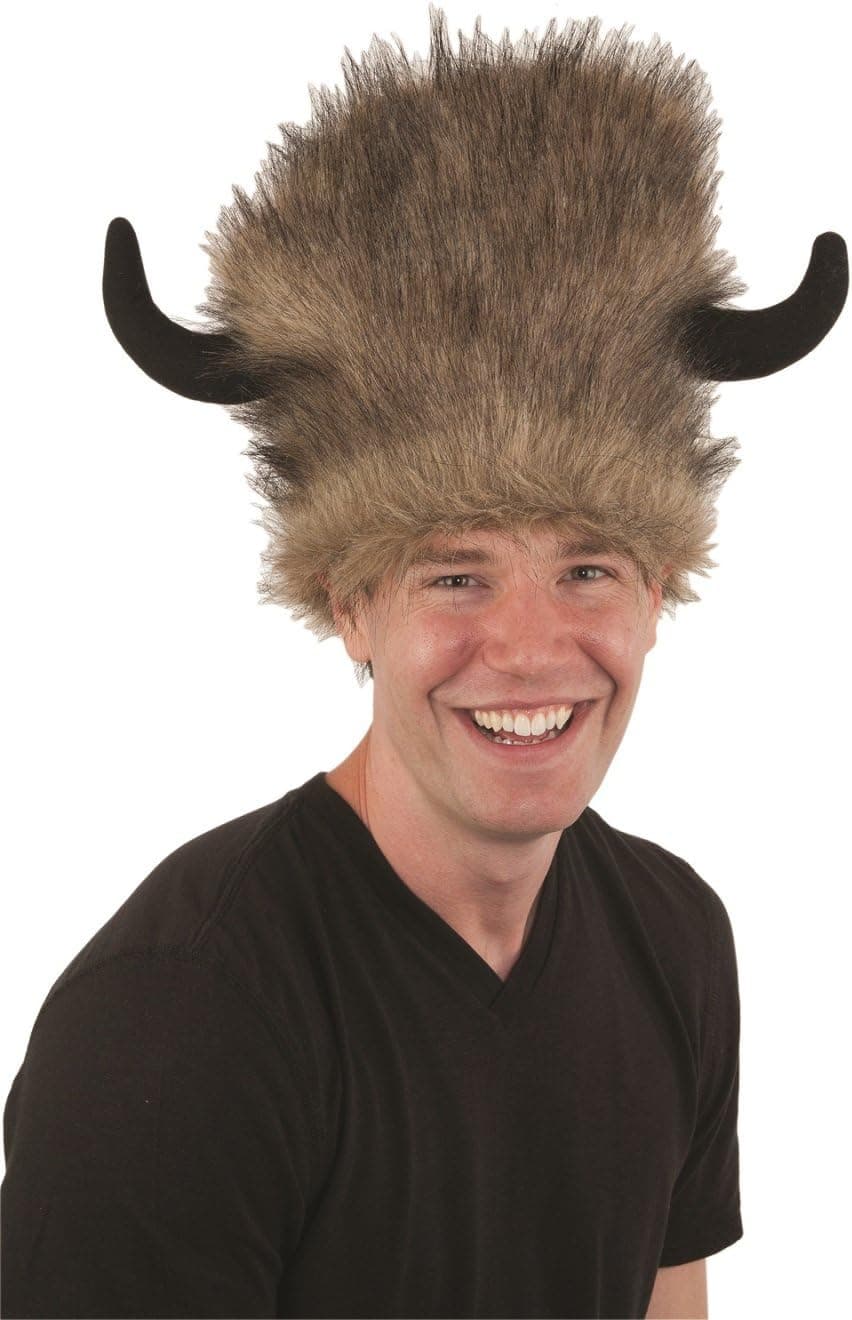 Adult Faux Fur Brown Bison Buffalo Hat with Horns