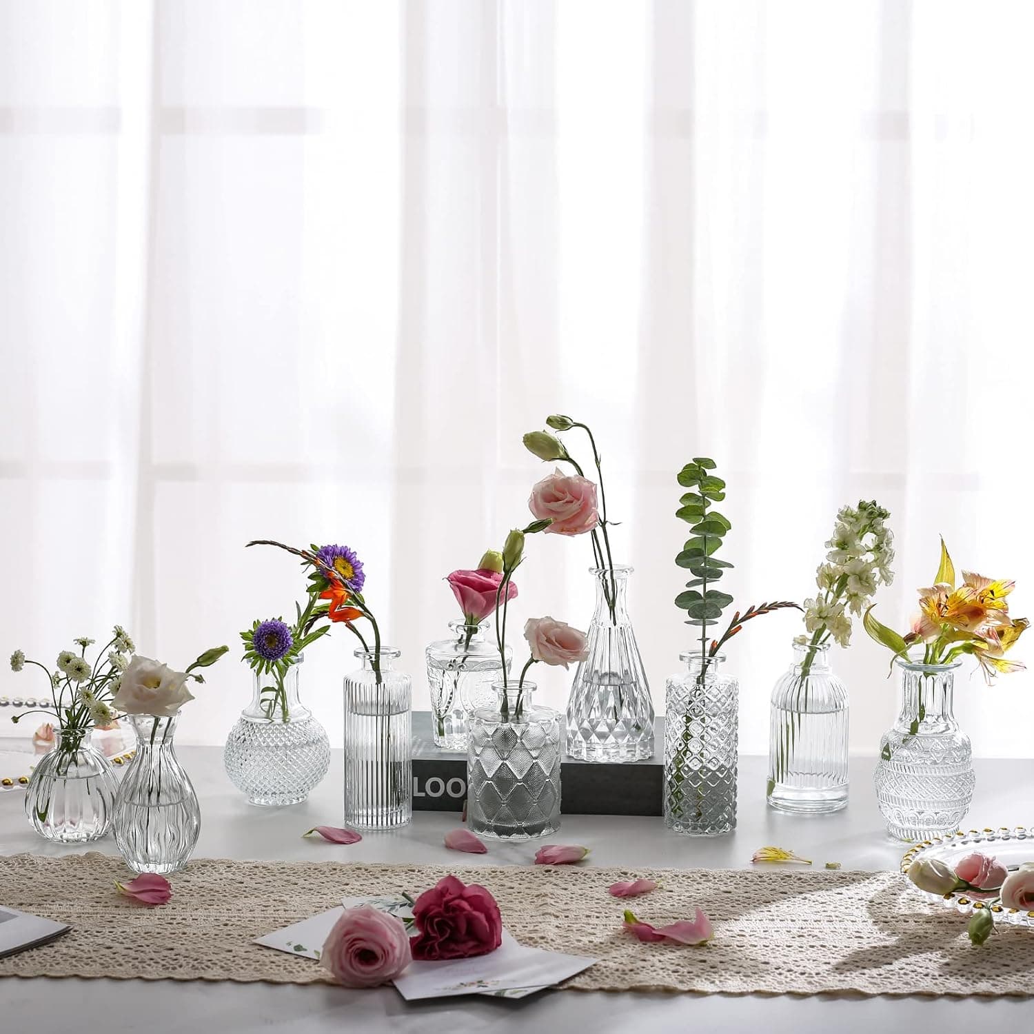 hjn Bud Vase Set of 10 - Clear Bud Vases in Bulk, Small Vases for Flowers, Glass Flower Vases for Centerpieces, Mini Flower Vases for Rustic Wedding Decorations