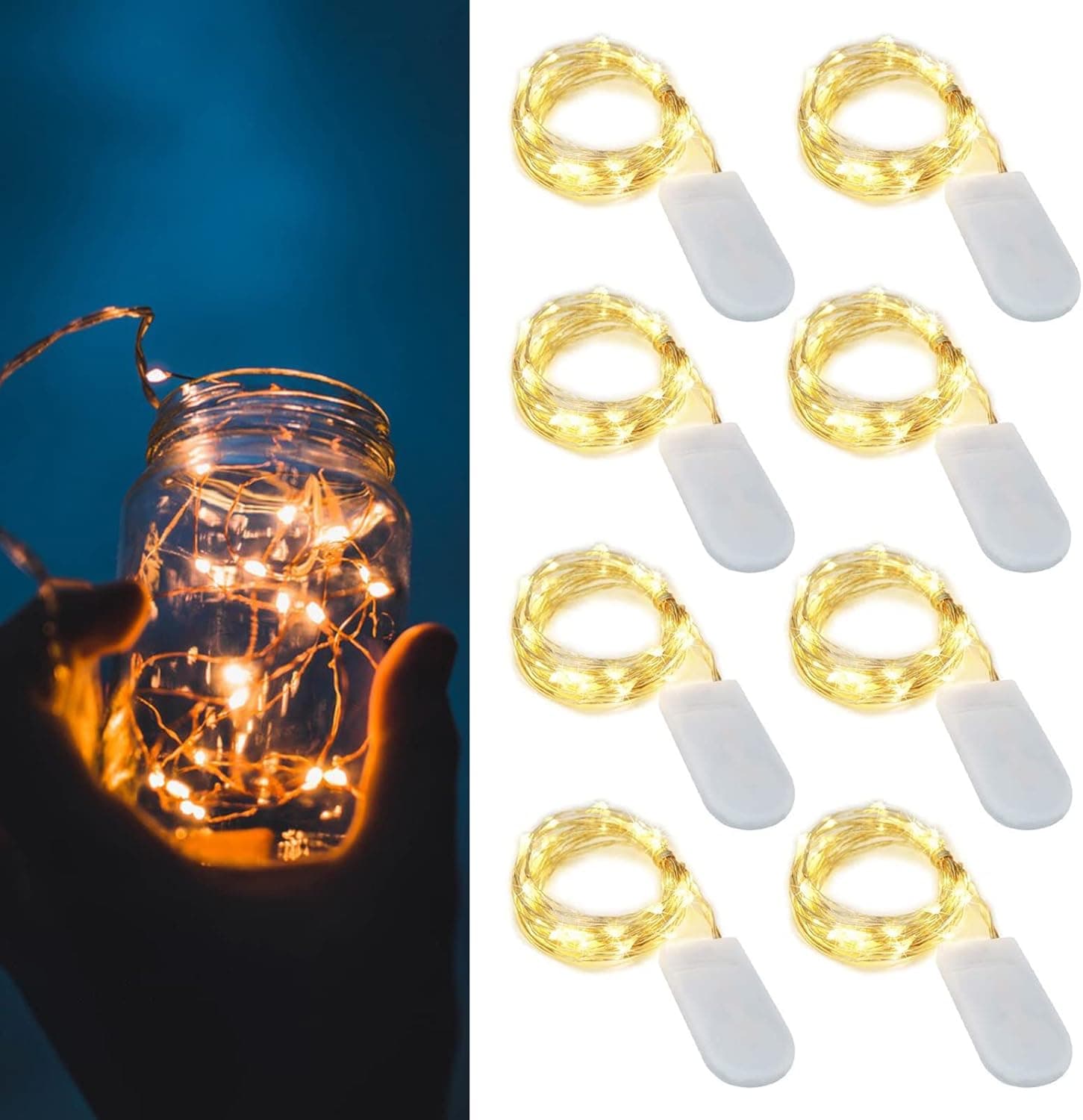 DHGG 8 Pack Fairy Lights Battery Powered, 6.6ft 20 LED Fairy Lights for Bedroom, Waterproof Copper Wire Christmas Lights for DIY Weddings, Parties, Christmas Decorations, Warm White