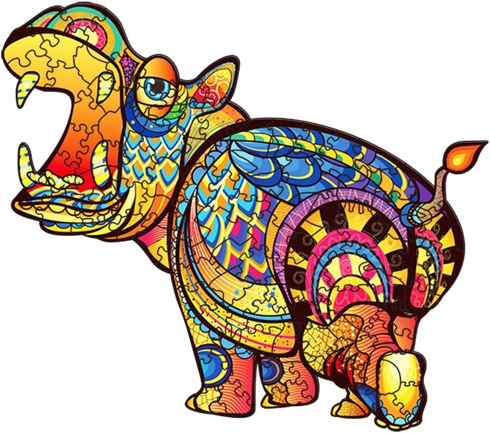 Bestbase Wooden Jigsaw Puzzles, Wooden Animals Shaped Puzzles, Unique Shaped Jigsaw Puzzles, Wood Puzzles for Adults and Kids - Irregular Hippo Puzzles