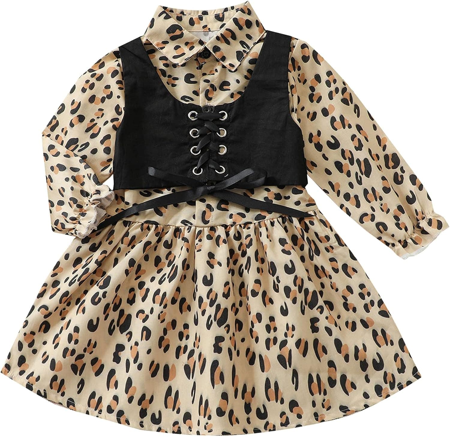 RSRZRCJ Kids Toddler Baby Girl Fall Winter Clothes Leopard Long Sleeve Shirt Dress with Lace-up Vest Playwear Dresses