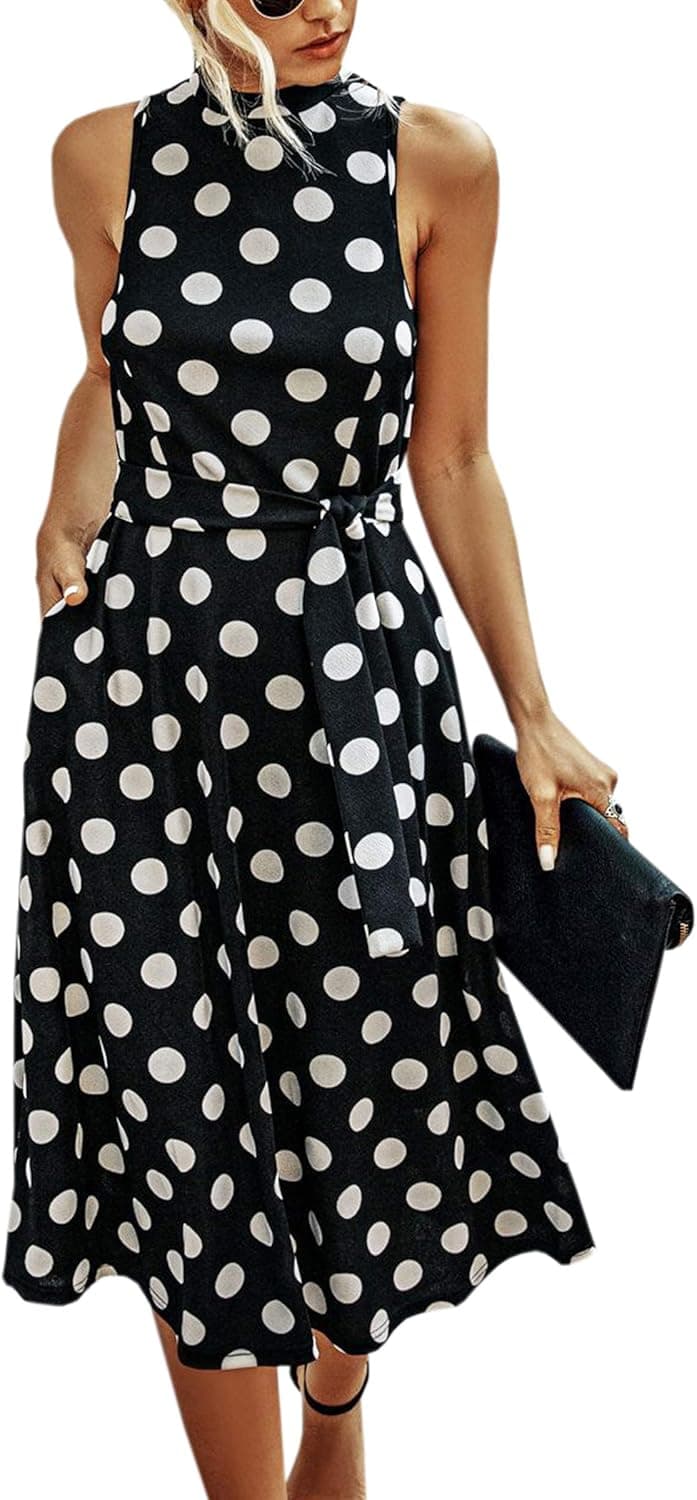 Angashion Women Dresses Off Shoulder Ruffle Casual Short Sleeves Polka Dot Floral Maxi Dress with Belt