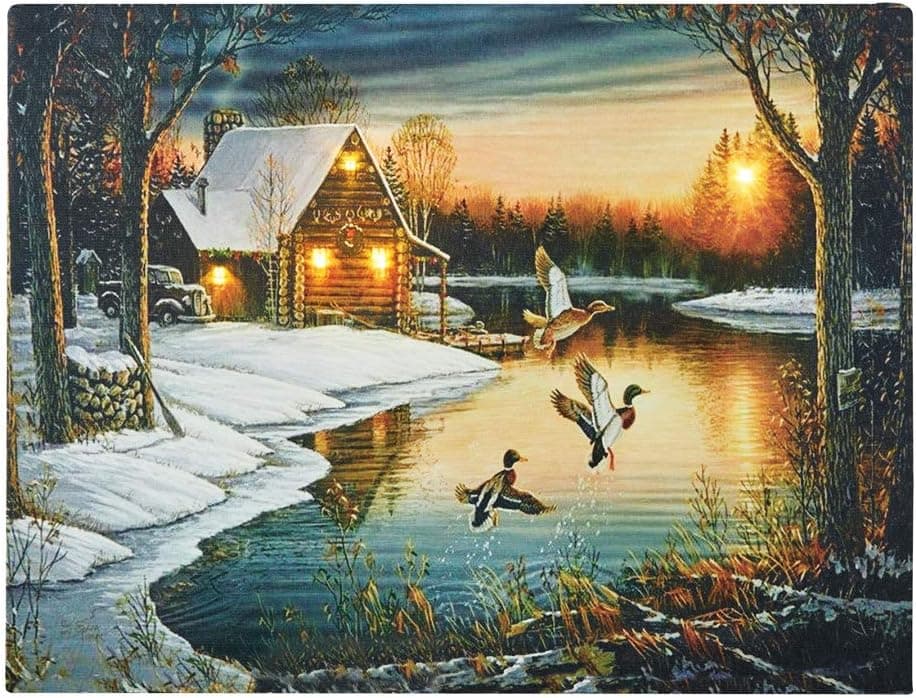 Collections Etc Lighted LED Winter Cabin Canvas Wall Art - Seasonal Home Decor for Any Room