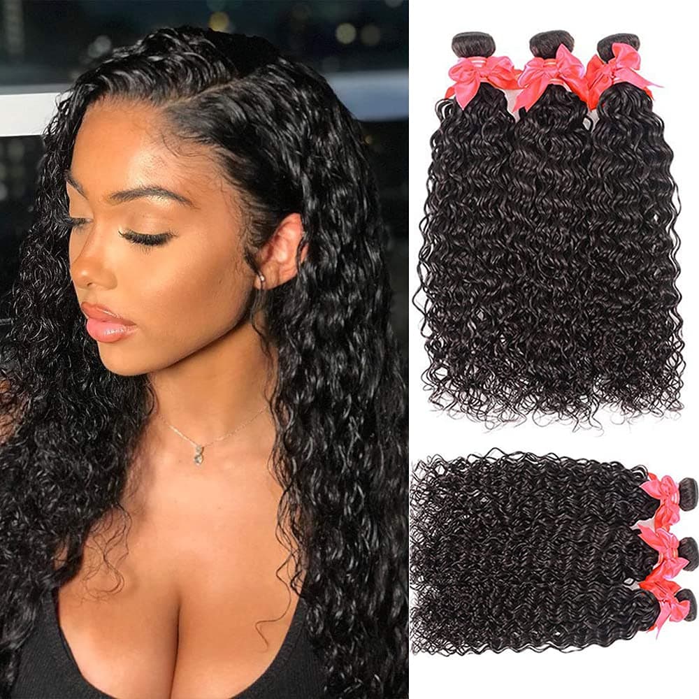 Miss GAGA 9A Brazilian Virgin Hair Water Wave 3 Bundles Brazilian Human Hair Bundles 100% Unprocessed Virgin Remy Hair Bundles Natural Color (14 16 18)